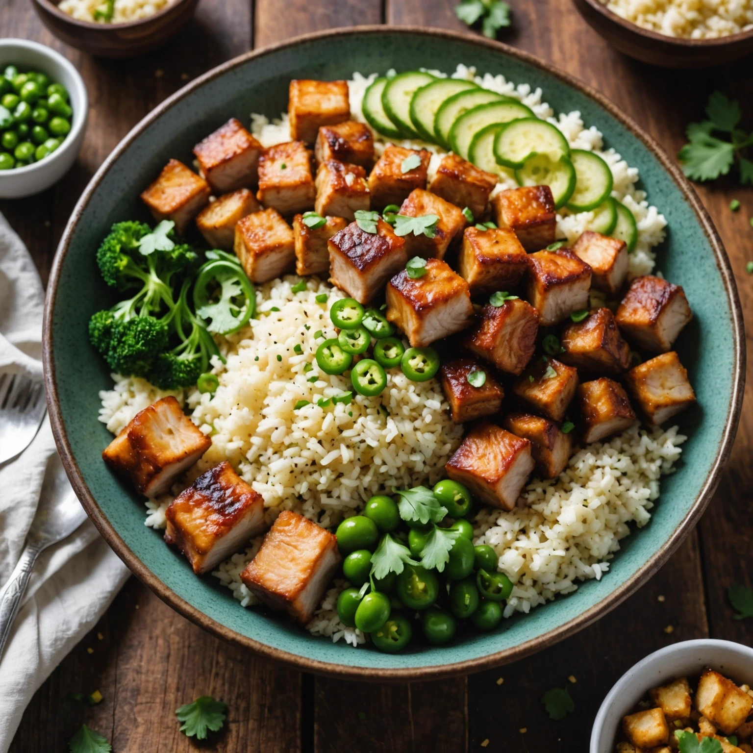 Air Fryer Ketogenic Pork Belly and Cauliflower Rice Bowl