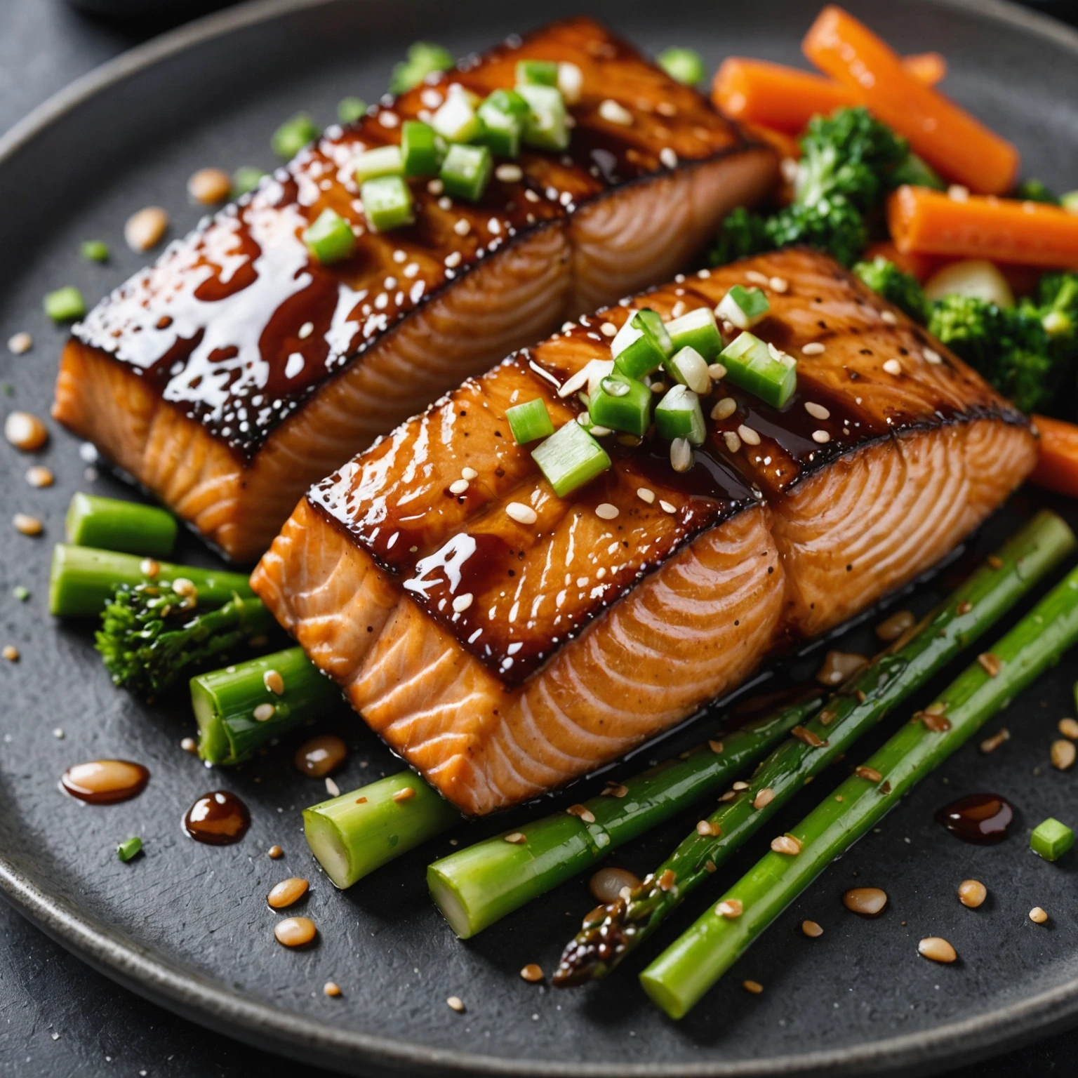 Close-up of a caramelized teriyaki glazed salmon fillet on a plate with steamed vegetables, highlighting the crispy texture and glossy glaze.