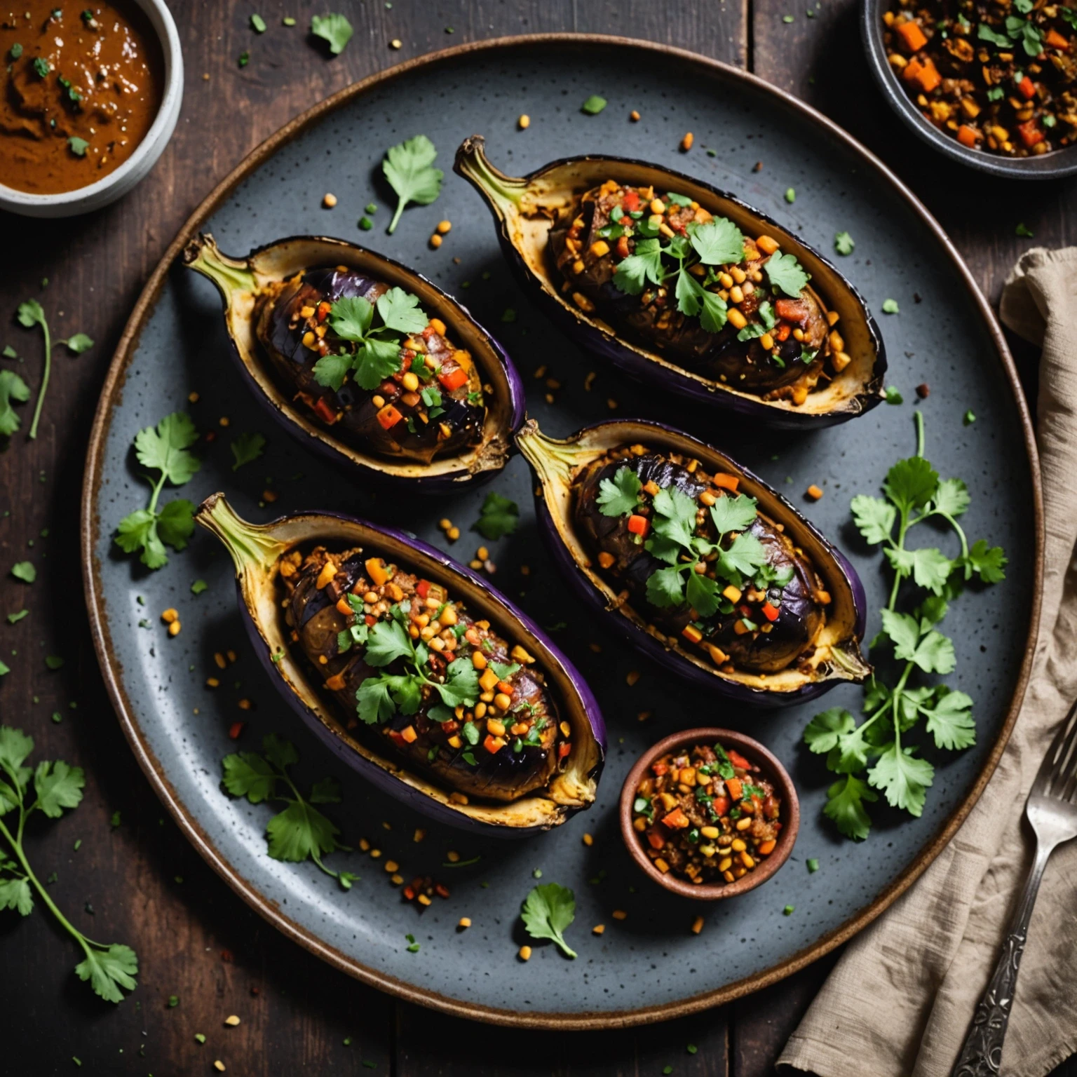 Top-down view of Indian spiced stuffed eggplant halves garnished with fresh cilantro, presented on a ceramic plate with rustic dark wooden table background.