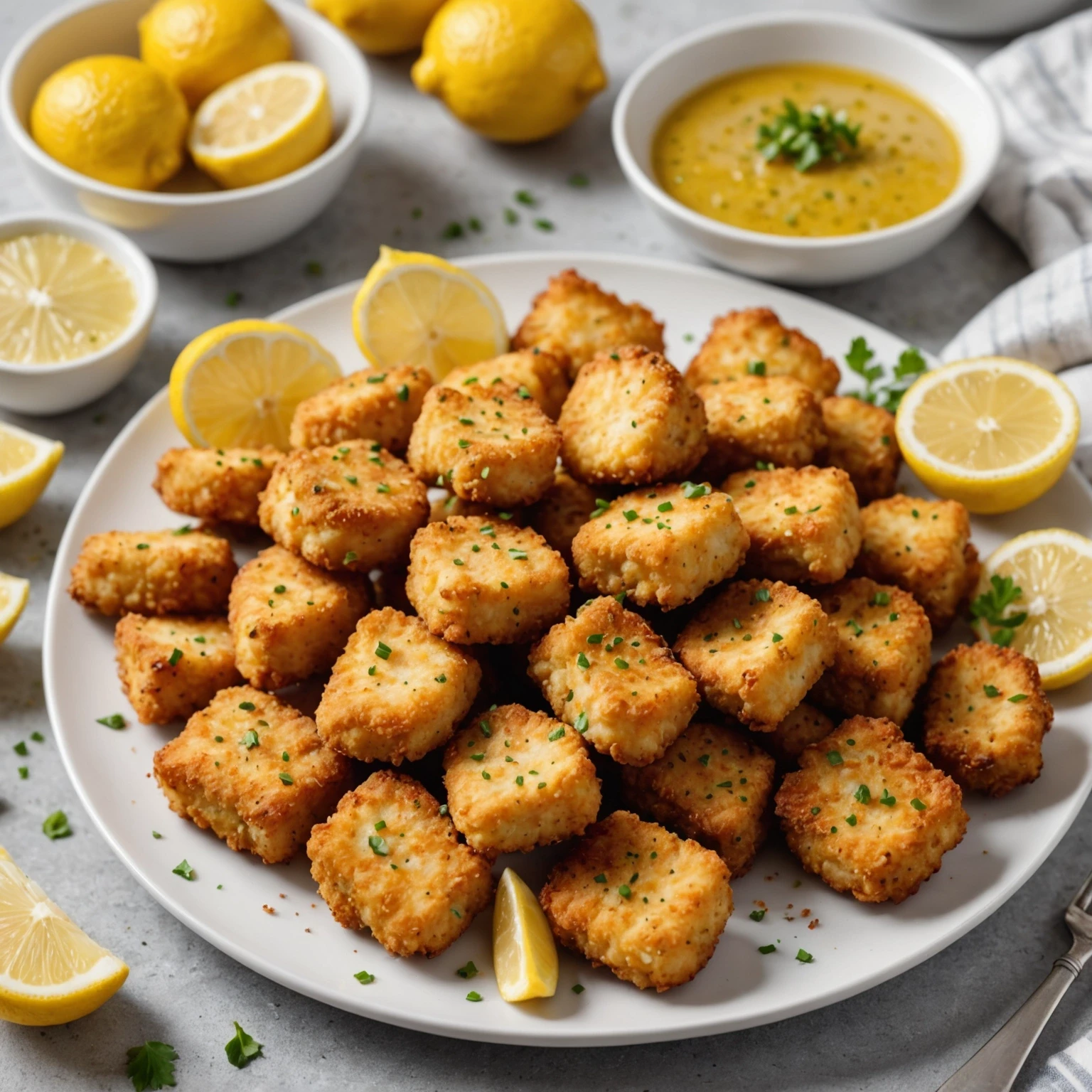 Freshly air-fried crispy lemon pepper catfish nuggets arranged on a plate with lemon wedges and dipping sauce, illuminated by natural sunlight.