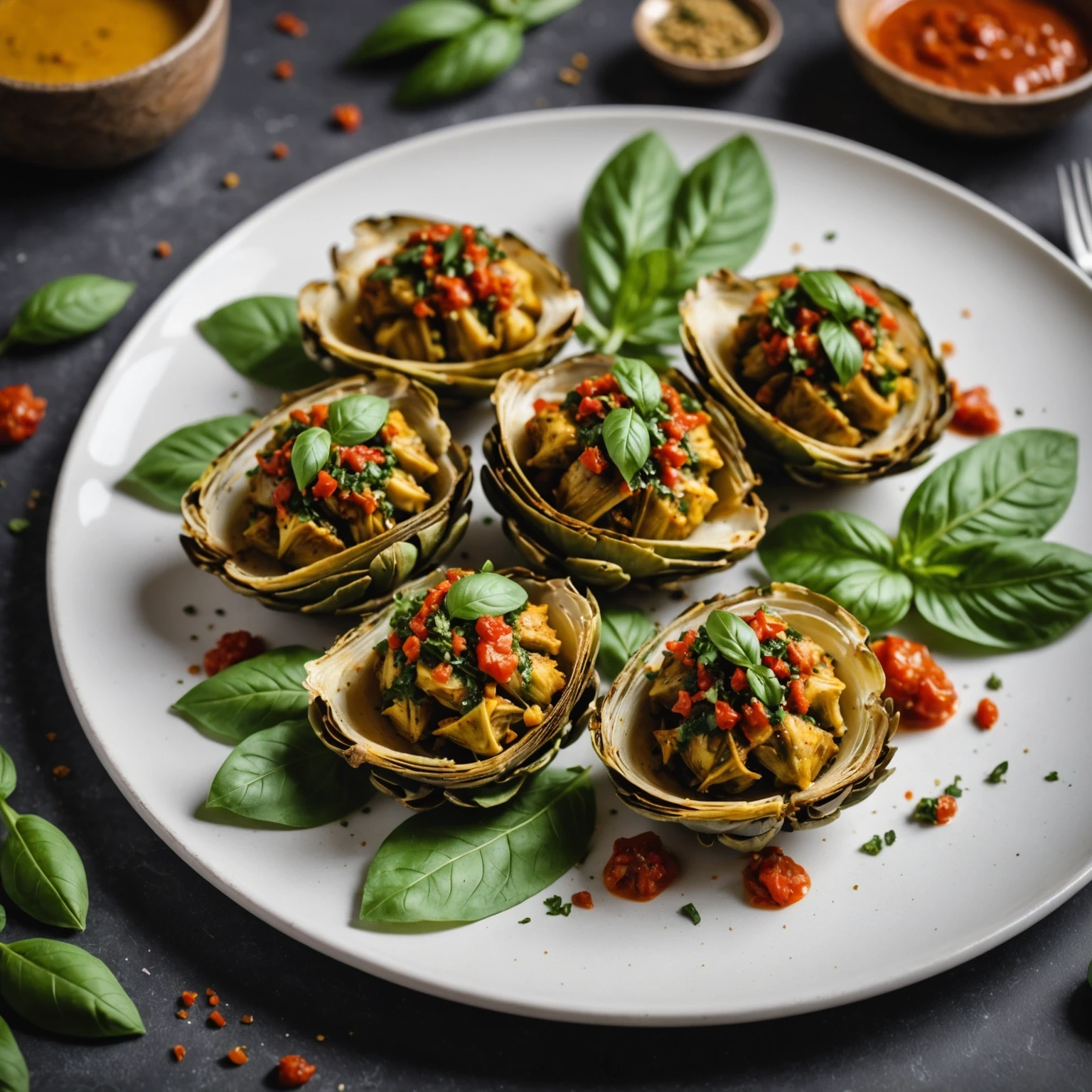 Crispy stuffed artichoke hearts with sundried tomato pesto garnished with basil on a white plate, shot in soft natural light with a blurred herb background.
