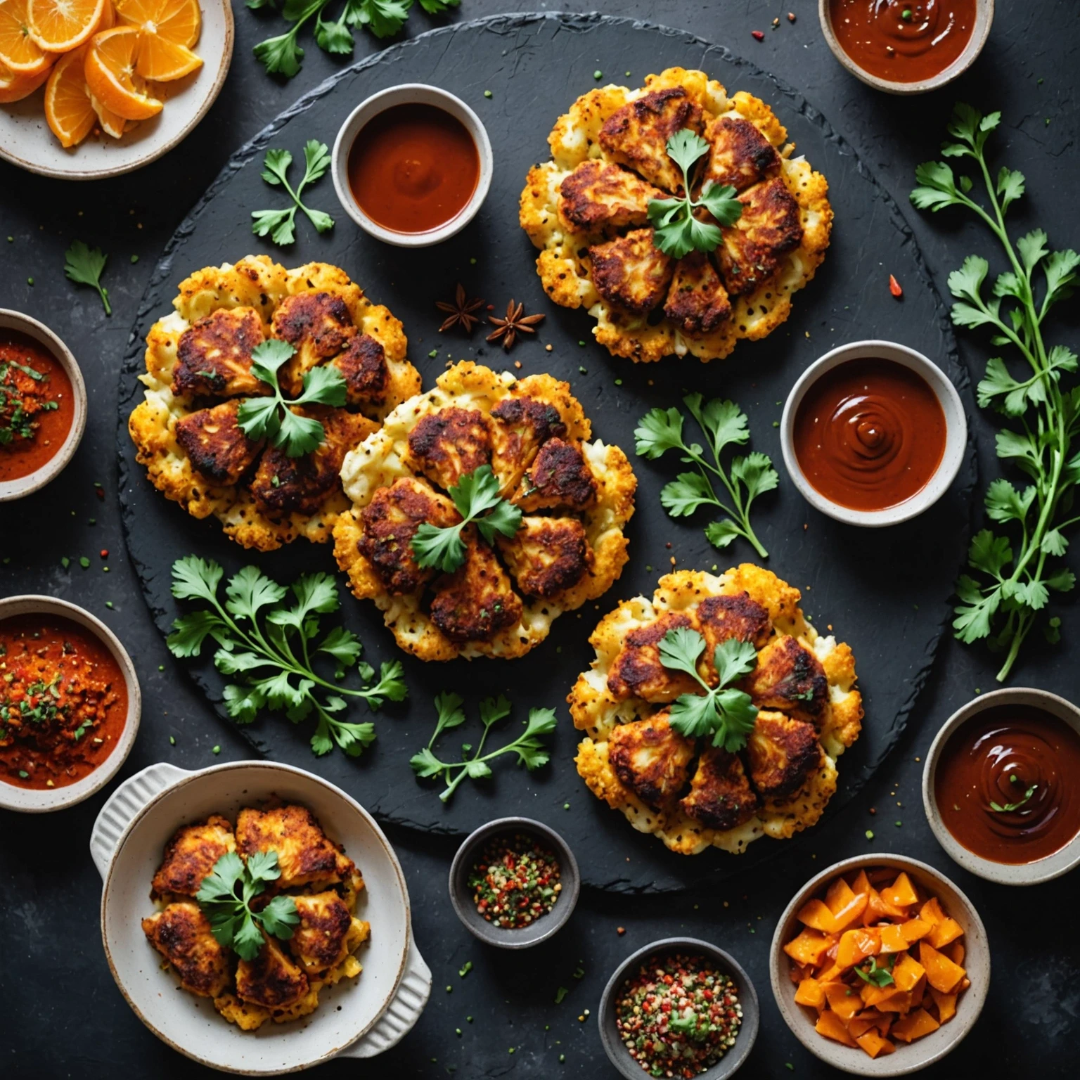 Golden crispy Moroccan-spiced cauliflower steaks garnished with fresh parsley and served with dipping sauce on a dark slate board, photographed with warm natural light.