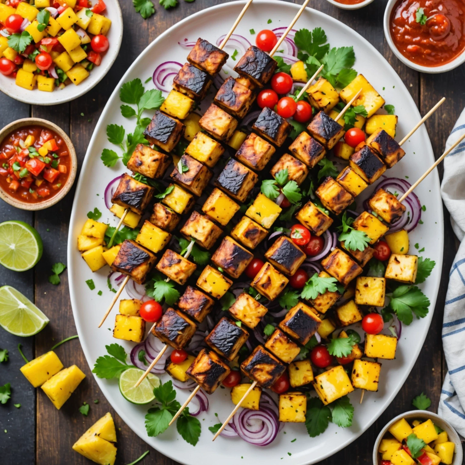 Air fryer crispy Caribbean jerk tofu skewers with pineapple salsa on a white platter in bright natural light, showcasing vibrant colors and textures.