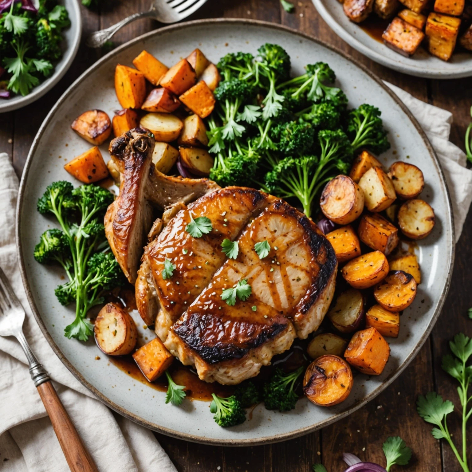 Air Fryer One-Pot Honey Garlic Pork Chops with Root Vegetables