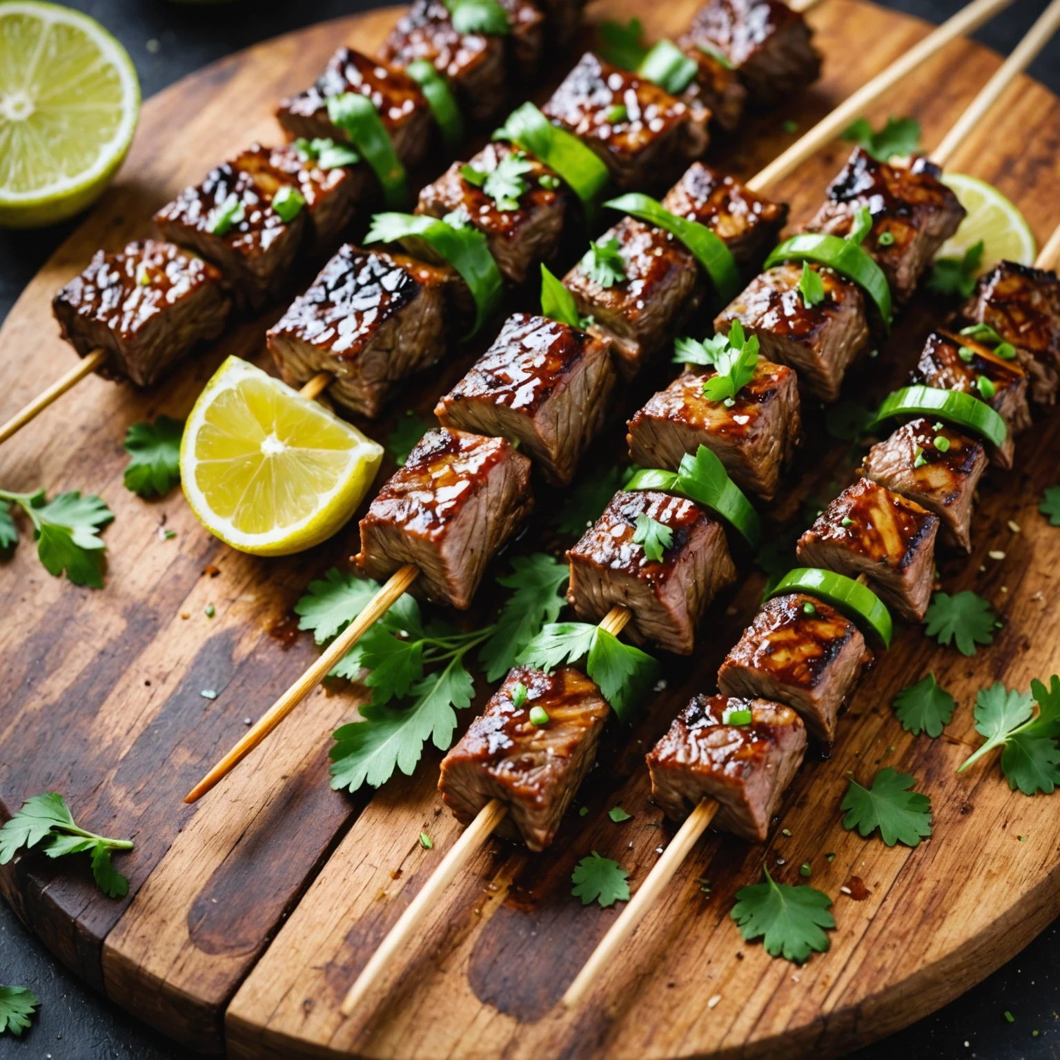 Close-up of crisp and juicy Vietnamese lemongrass beef skewers with golden caramelized edges served on a rustic wooden board with fresh herbs.
