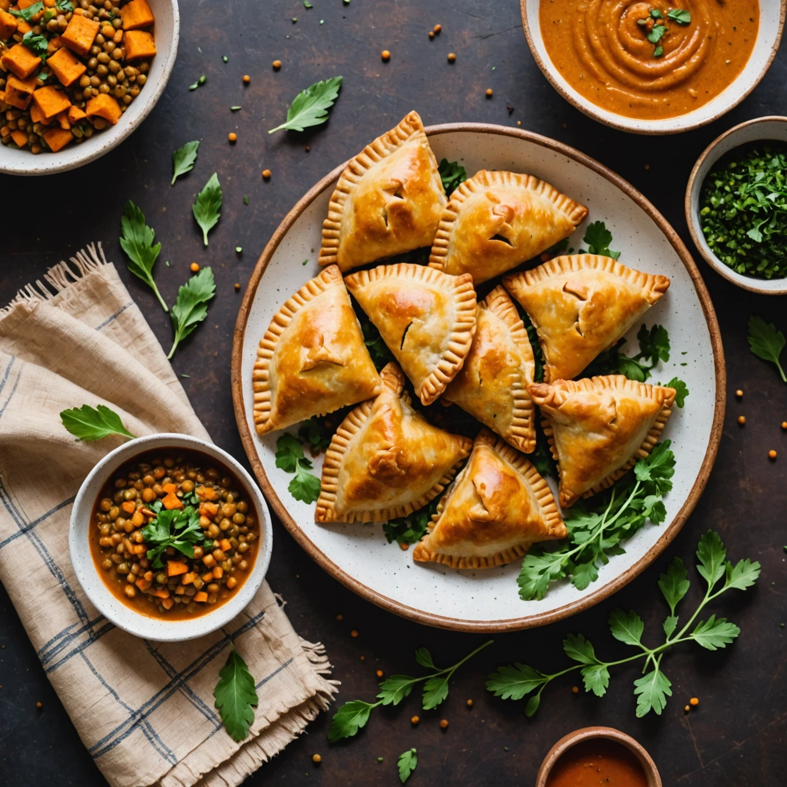 Overhead view of golden, crispy air-fried spiced lentil and sweet potato empanadas arranged around a bowl of Moroccan-style dipping sauce, showcasing the creamy interior and crunchy crust.