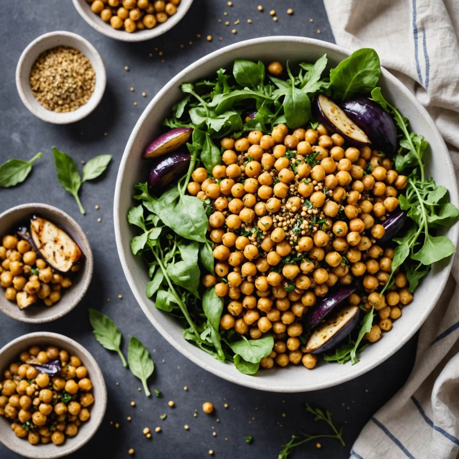 Close-up of a fresh, colorful salad of crispy Za'atar roasted chickpeas and roasted eggplant served over leafy greens in a white bowl, garnished with herbs and lemon wedges.