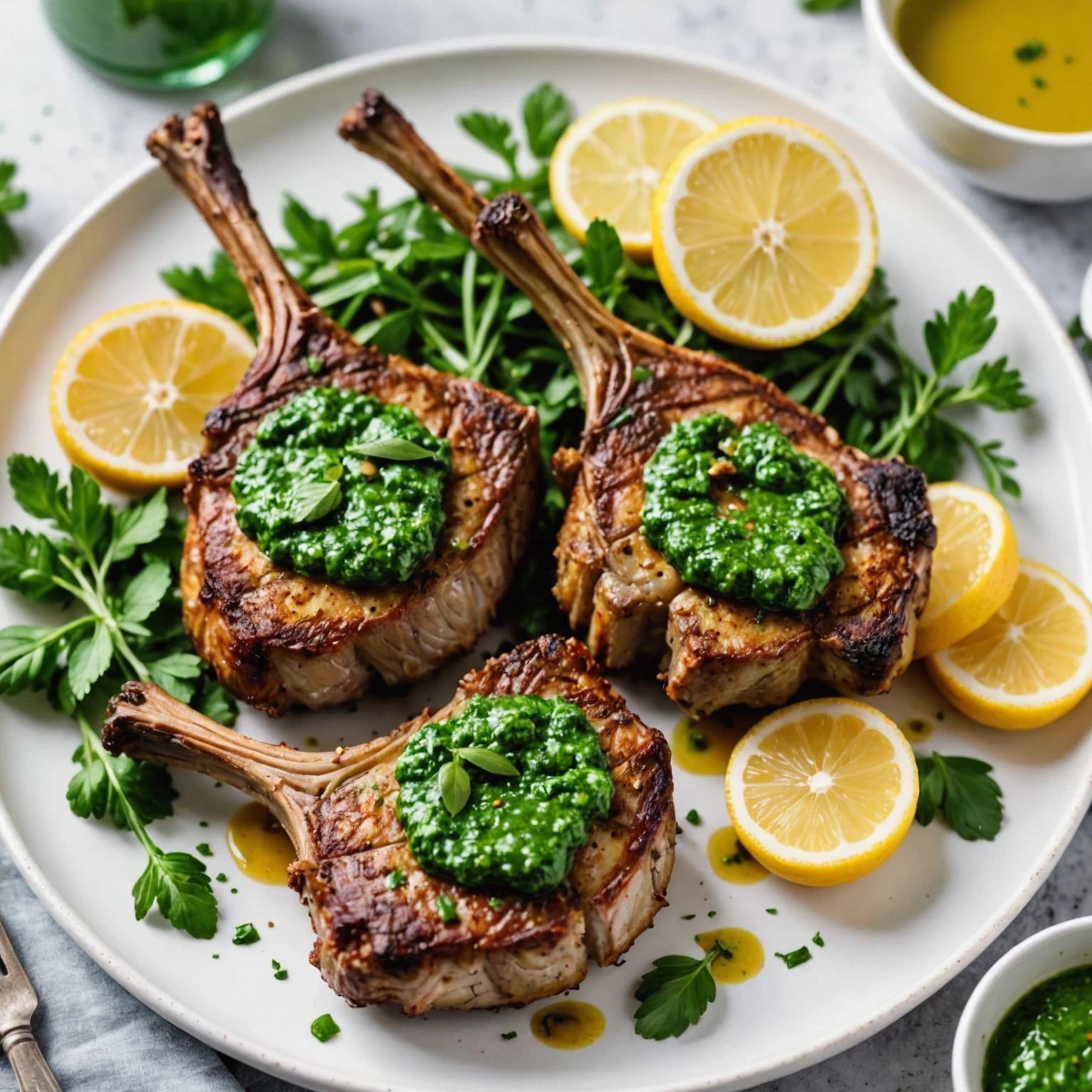Close-up of crispy herb-crusted lamb chops with vibrant mint chimichurri and lemon wedges on a white plate, highlighting elegant plating and fresh textures.