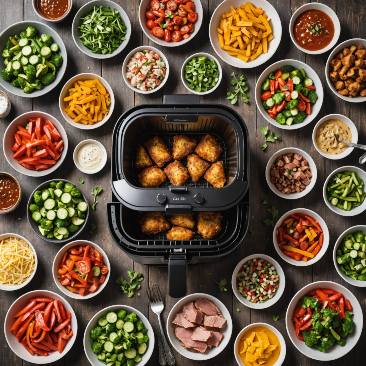 Overhead view of an air fryer with multiple racks cooking vegetables and meats, surrounded by fresh ingredients and meal planning notes on a wooden kitchen counter.