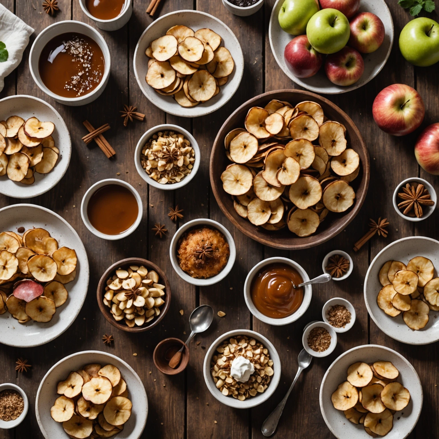 Platter of crispy air fryer baked apple chips dusted with cinnamon sugar served with small bowls of dips on a rustic wooden table in natural daylight.