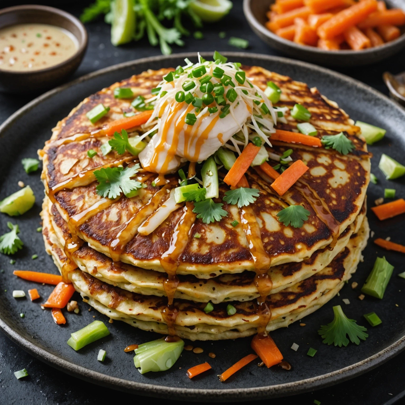 Close-up of a crispy air-fried Japanese okonomiyaki pancake garnished with sauce and bonito flakes on a rustic plate