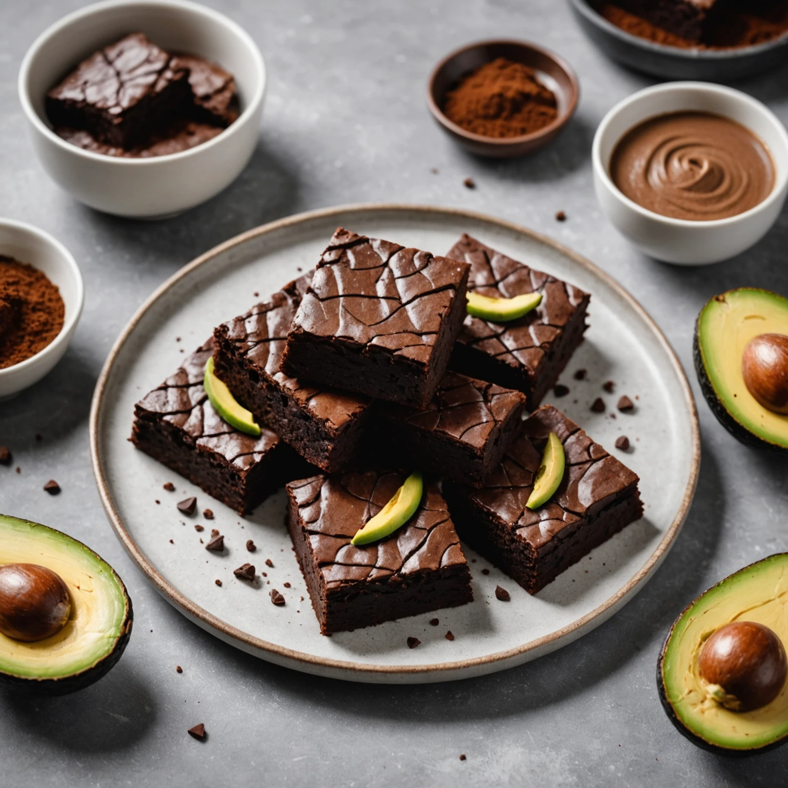 Fudgy vegan chocolate avocado brownies with crispy edges on a white slate platter with avocado and cocoa powder in the background
