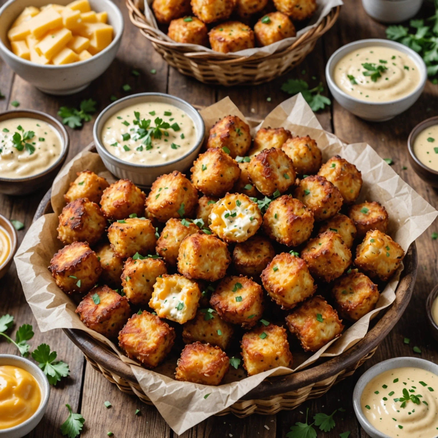 Golden crispy keto cheesy cauliflower tots served in a rustic basket with dipping sauce and fresh herbs on a wooden surface