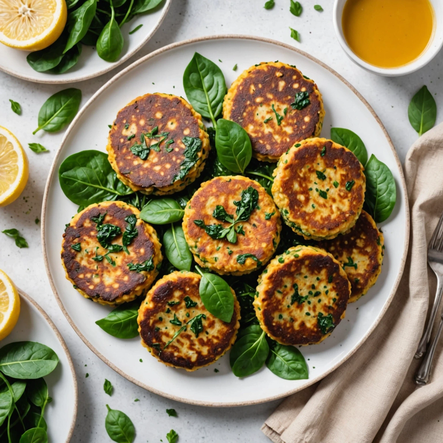 Top-down view of crispy air fryer chickpea and spinach patties on a white plate with fresh herb garnish, set on a light linen tablecloth.