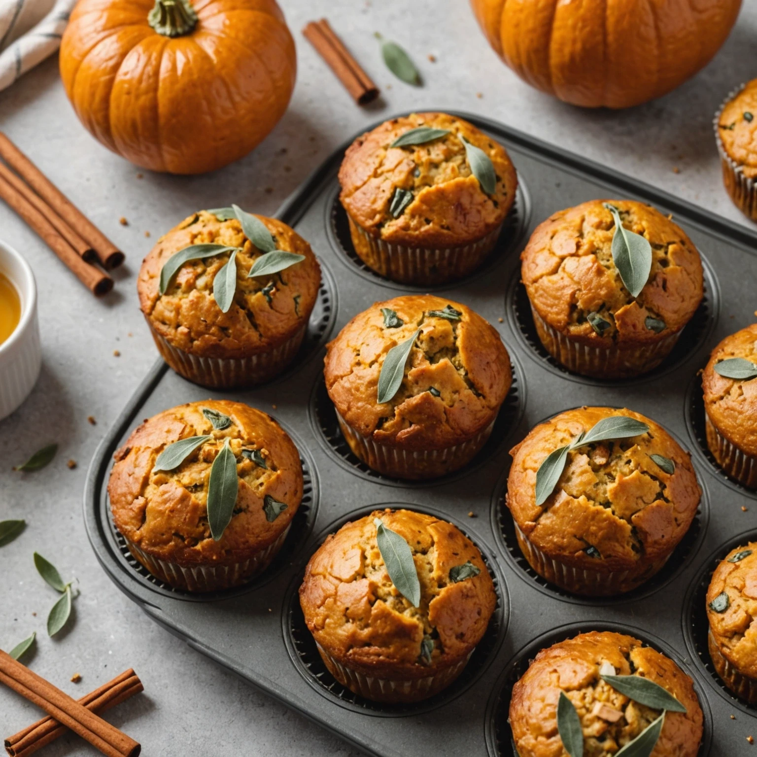 Close-up of golden air fryer spiced pumpkin and sage muffins in an air fryer basket with a small jar of honey and cinnamon sticks on a kitchen counter.