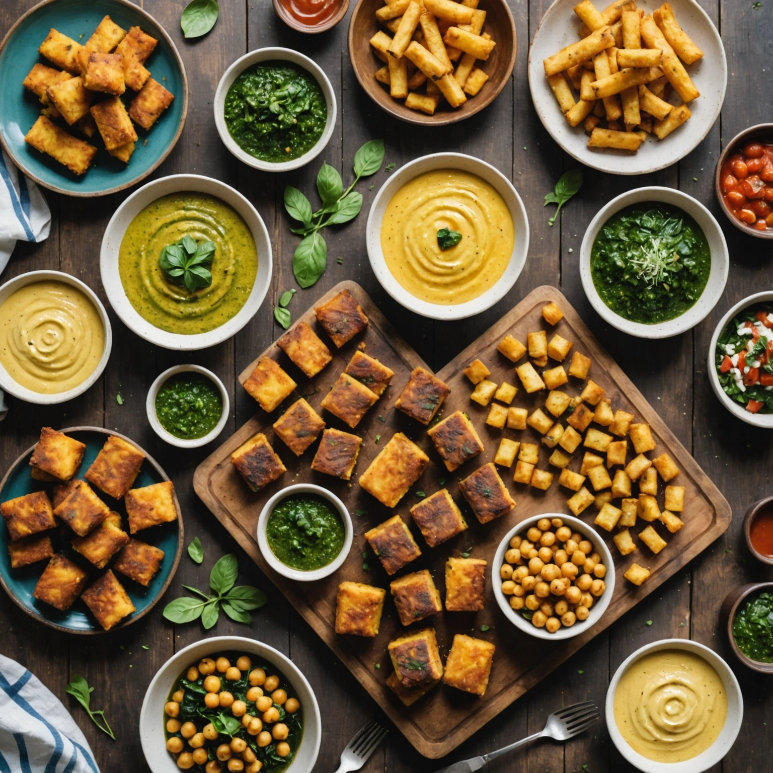 Overhead view of a rustic snack table with bowls of air fryer parmesan polenta fries, chickpea spinach patties, and Brazilian-style picanha steak skewers with chimichurri sauce.