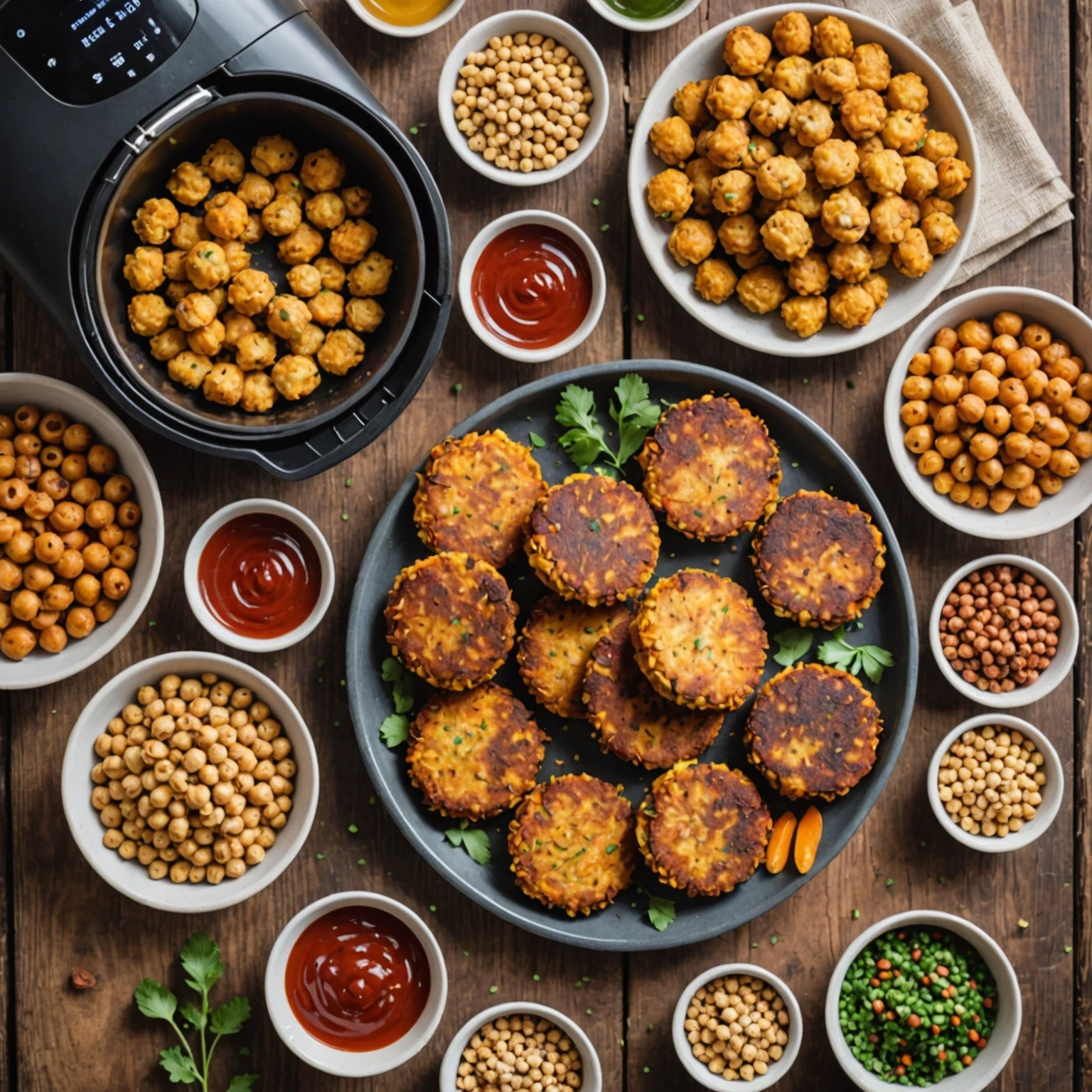 Air fryer basket with crispy vegetable patties, roasted nuts, and chickpeas alongside bowls of dipping sauces on a rustic wooden table