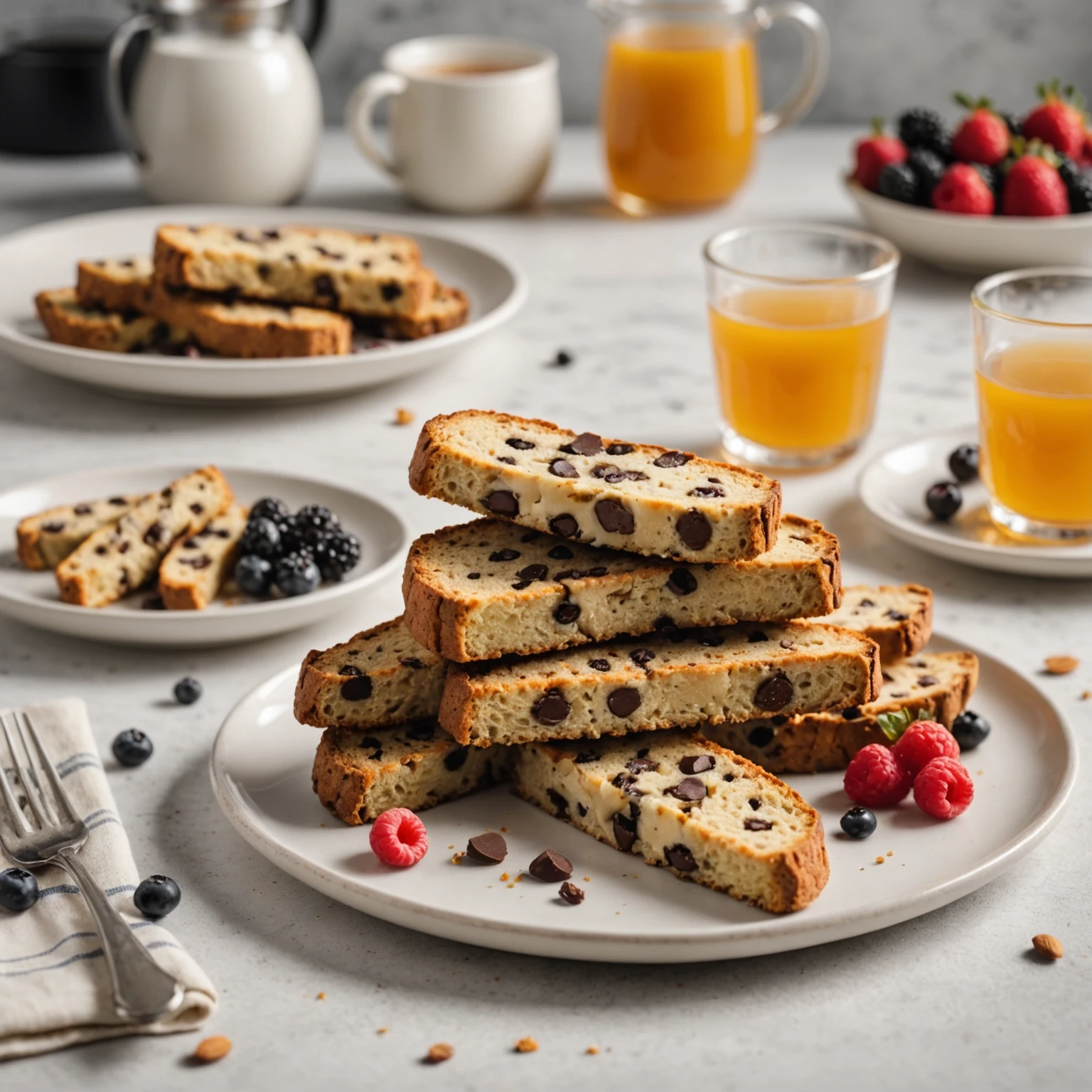 Air fryer almond flour chocolate chip biscotti with fresh berries and honey drizzle on porcelain plates in a softly lit kitchen setting