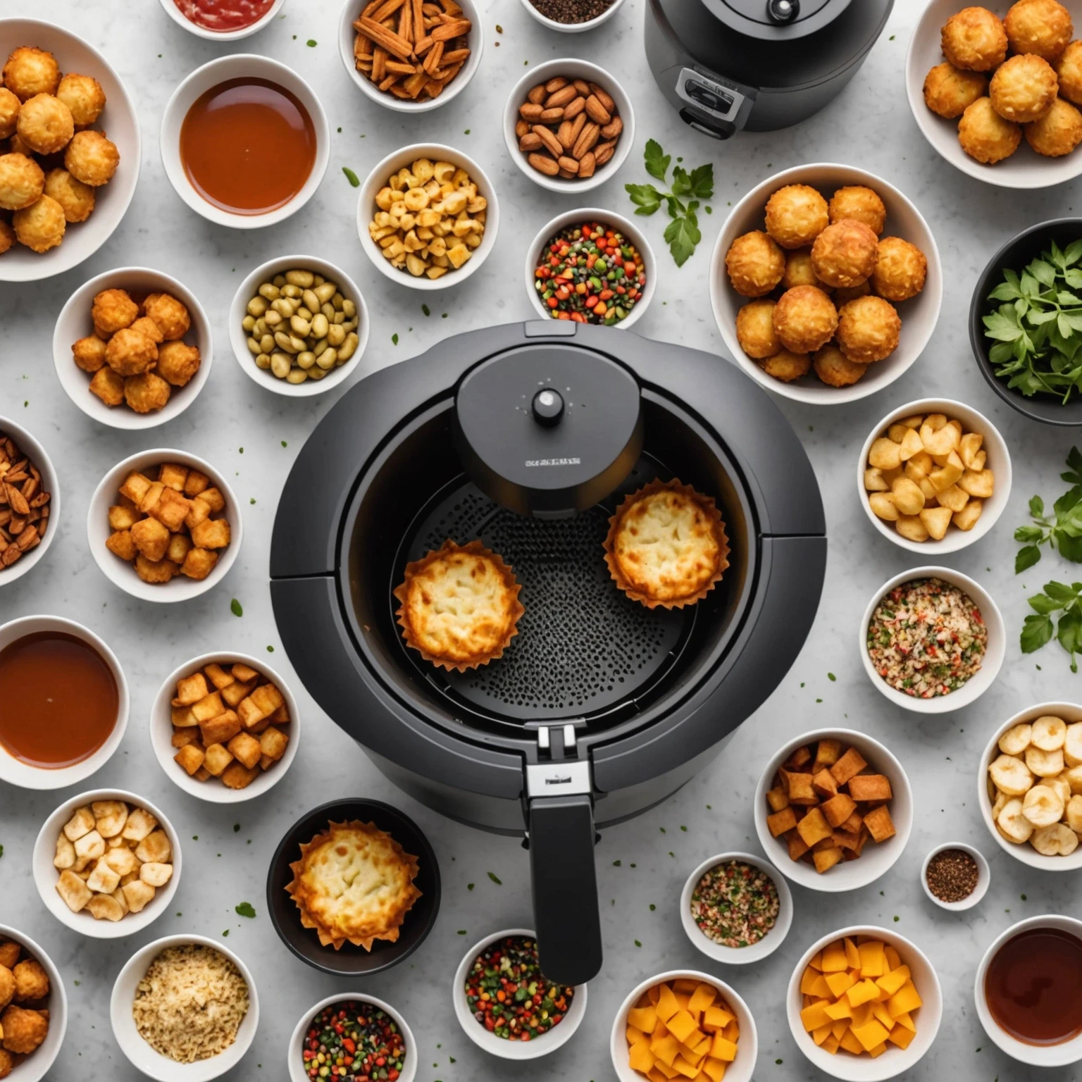 Top view of a modern air fryer basket with silicone cups holding creative snacks and mini desserts, surrounded by spices and fresh herbs on a clean countertop