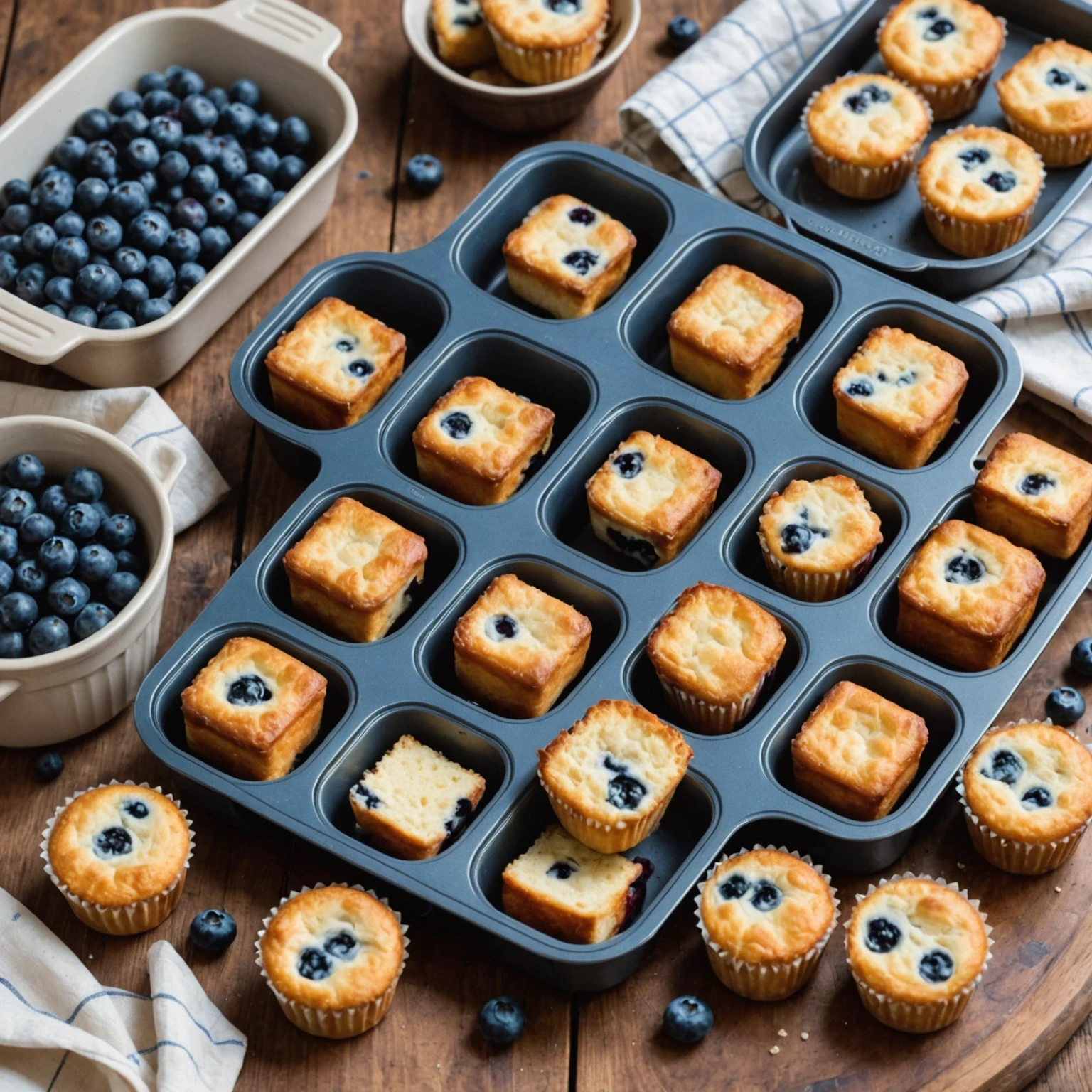 Assortment of mini air fryer bakeware with colorful baked treats including blueberry cheesecake bites and vanilla tea cake on a rustic wooden table.