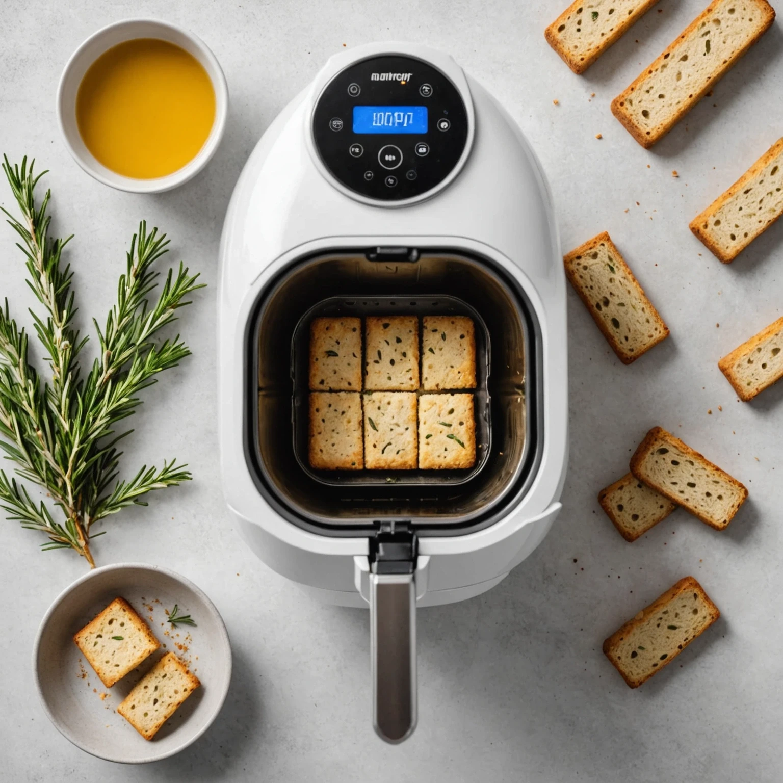 Overhead view of an air fryer timer next to freshly baked almond flour biscotti and rosemary on a clean kitchen countertop.