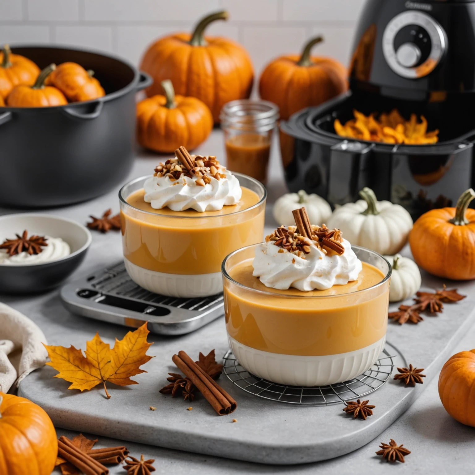 Pumpkin panna cotta topped with maple whipped cream in a glass bowl next to an open air fryer basket on a warmly lit kitchen island.