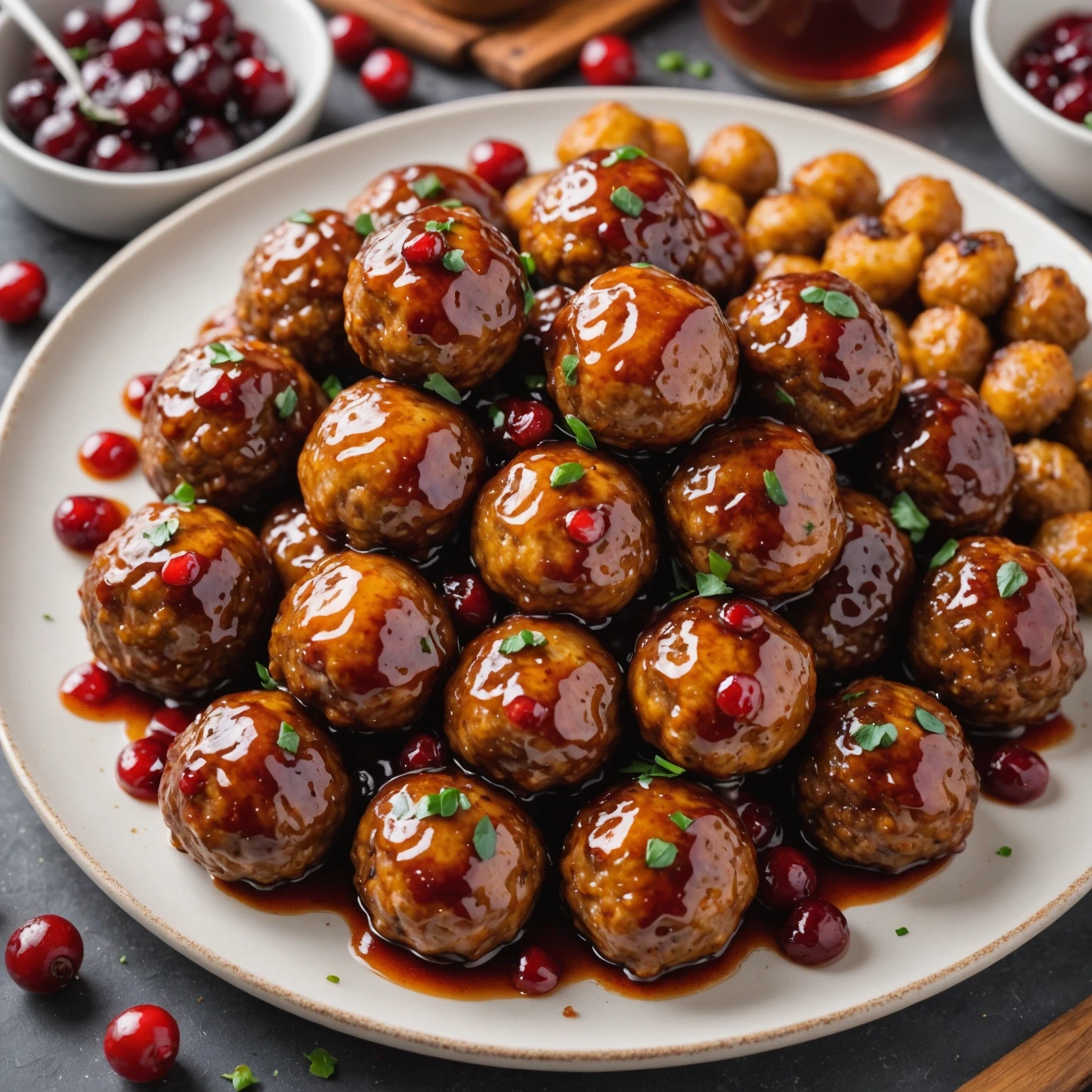 Air Fryer Maple-Glazed Spiced Pork Meatballs with Cranberry Relish
