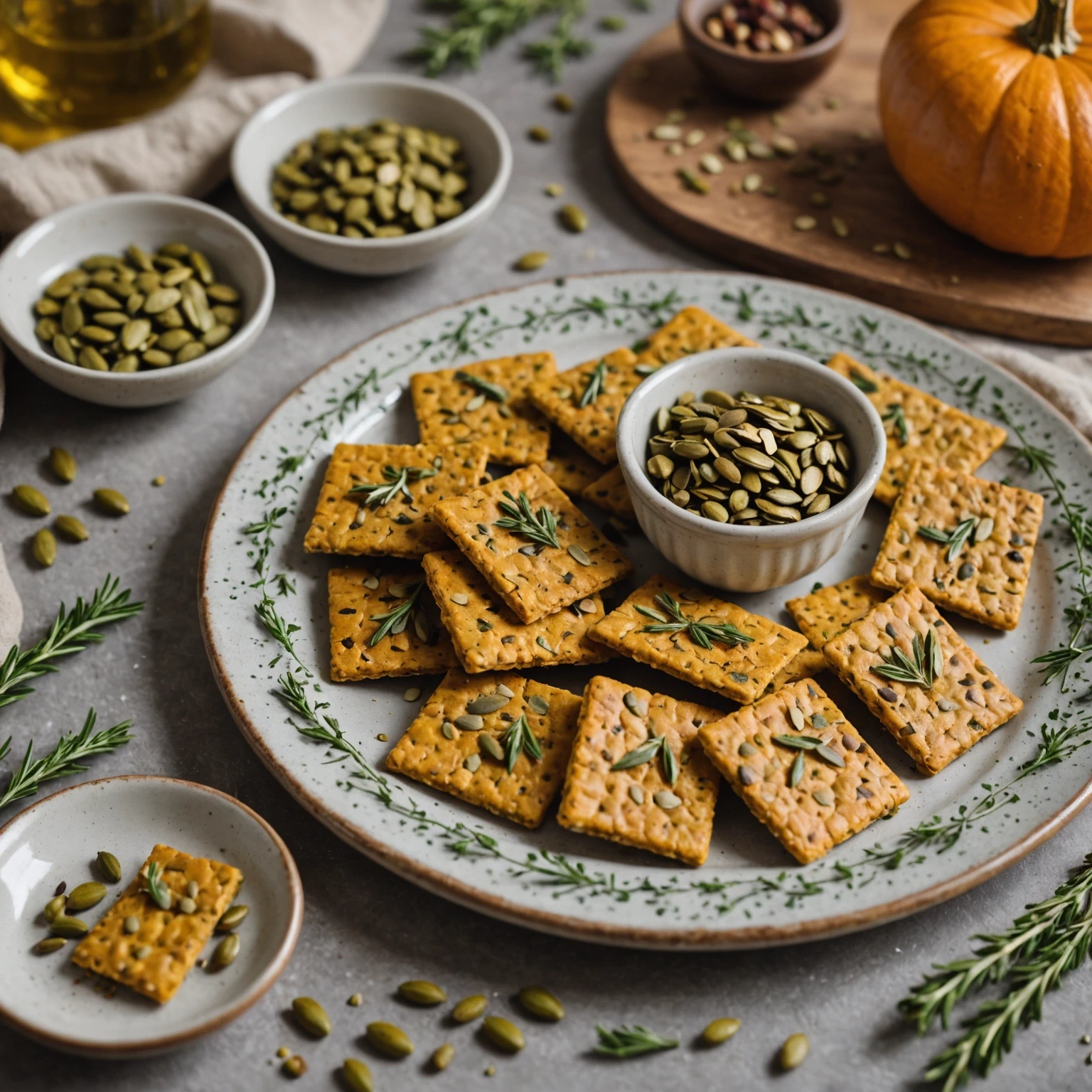 Close-up of golden paleo pumpkin seed and herb crackers on a ceramic plate with a Mediterranean dip, highlighting the crunchy texture and seeds.