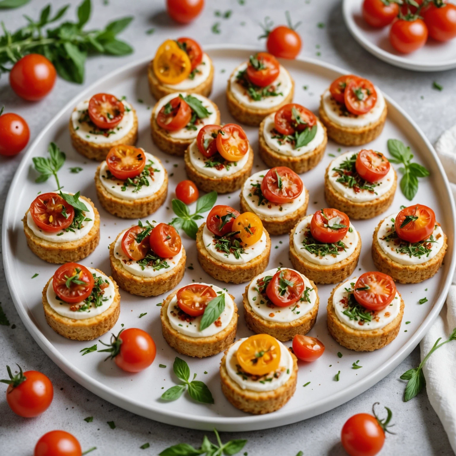 White plate with golden mini savory cheesecake bites topped with sun-dried tomatoes and fresh herbs, styled elegantly with natural lighting.