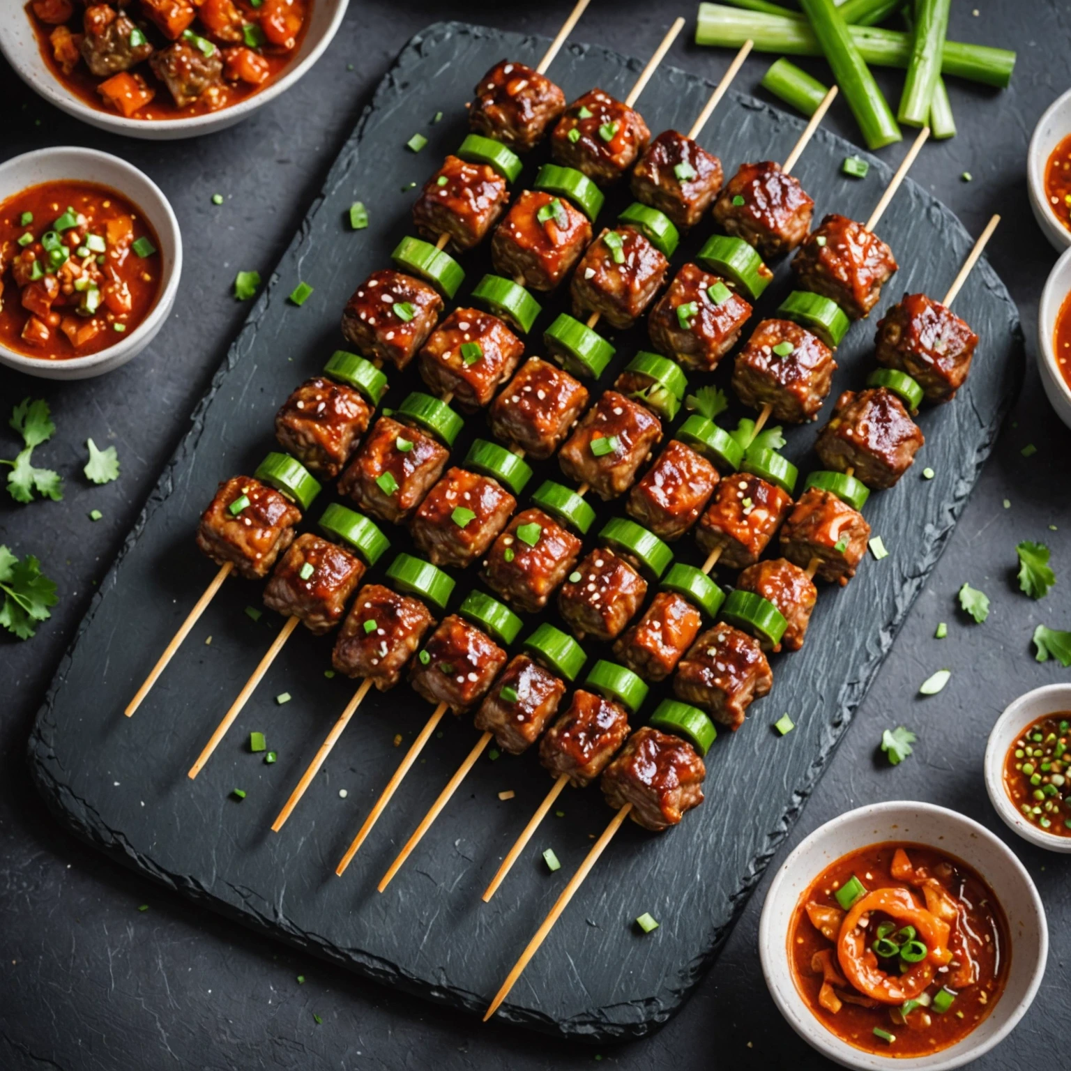 Korean beef and kimchi meatball skewers on a slate board with dipping sauces and fresh scallions, showcasing crispy glazed meatballs with vibrant colors.