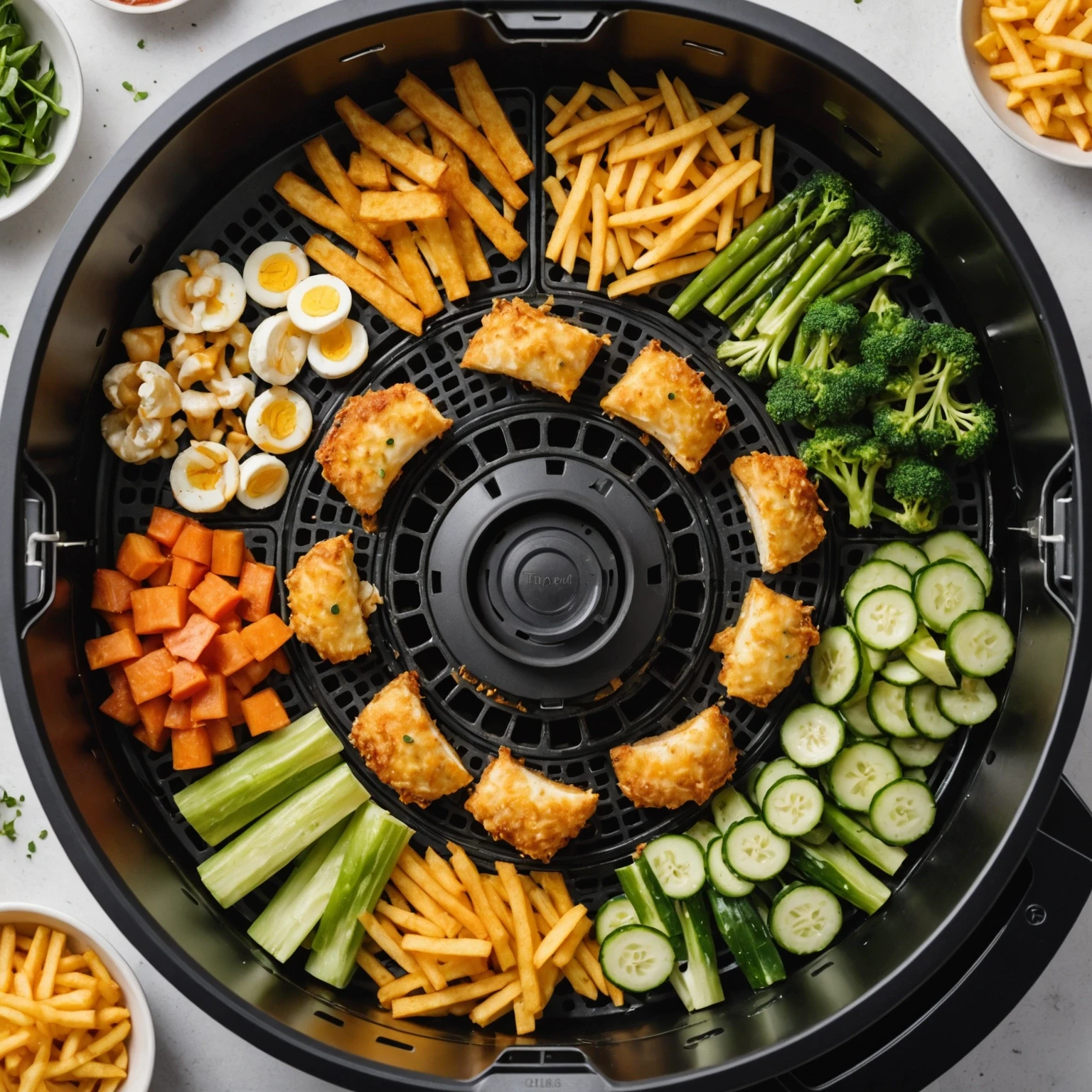 Top-down view inside an air fryer with hot air swirling around crispy and colorful food items, illustrating airflow and moisture evaporation in cooking.