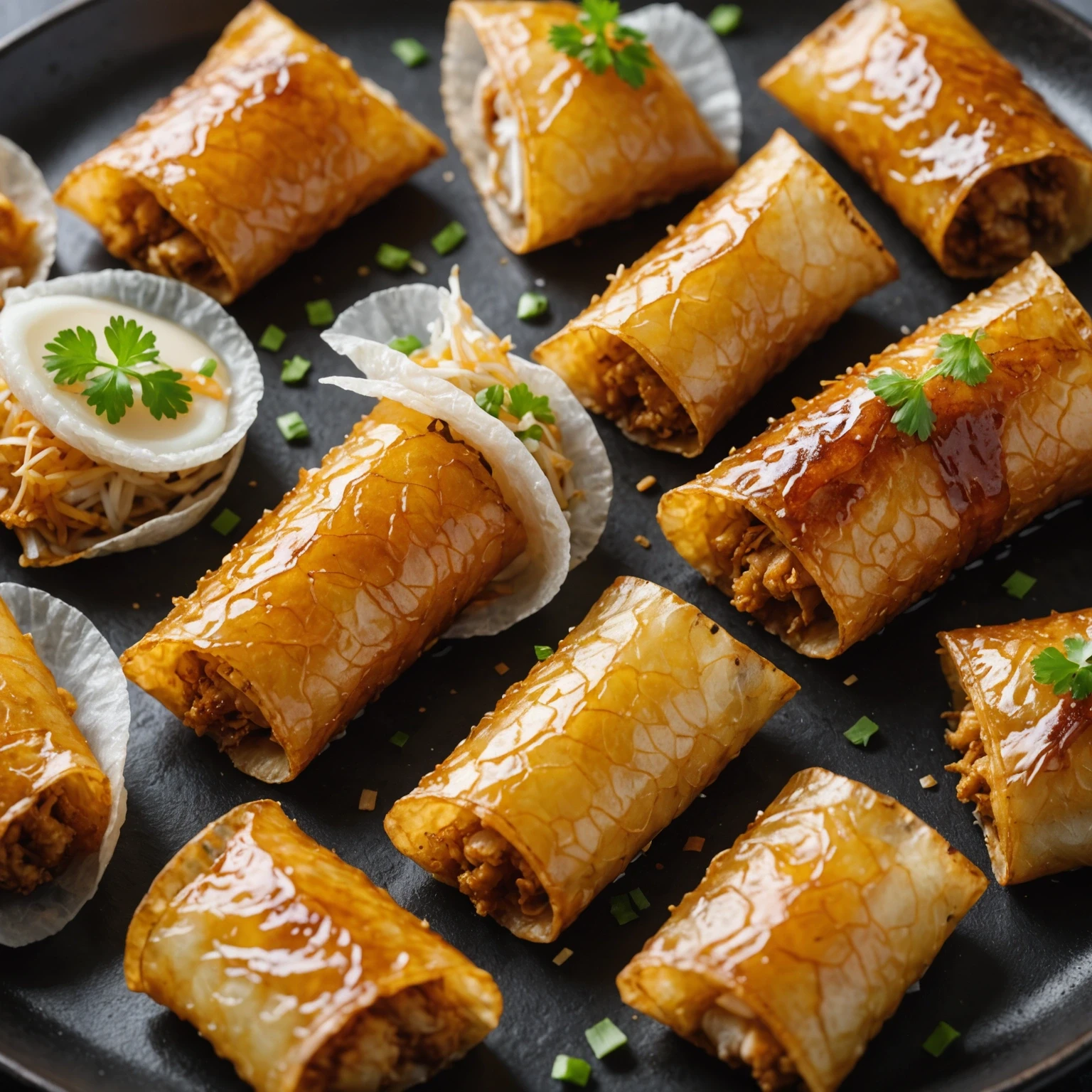 Macro close-up of crispy air-fried potato chips, golden browned chicken skin, and caramelized sticky rice spring rolls showing detailed surface textures.
