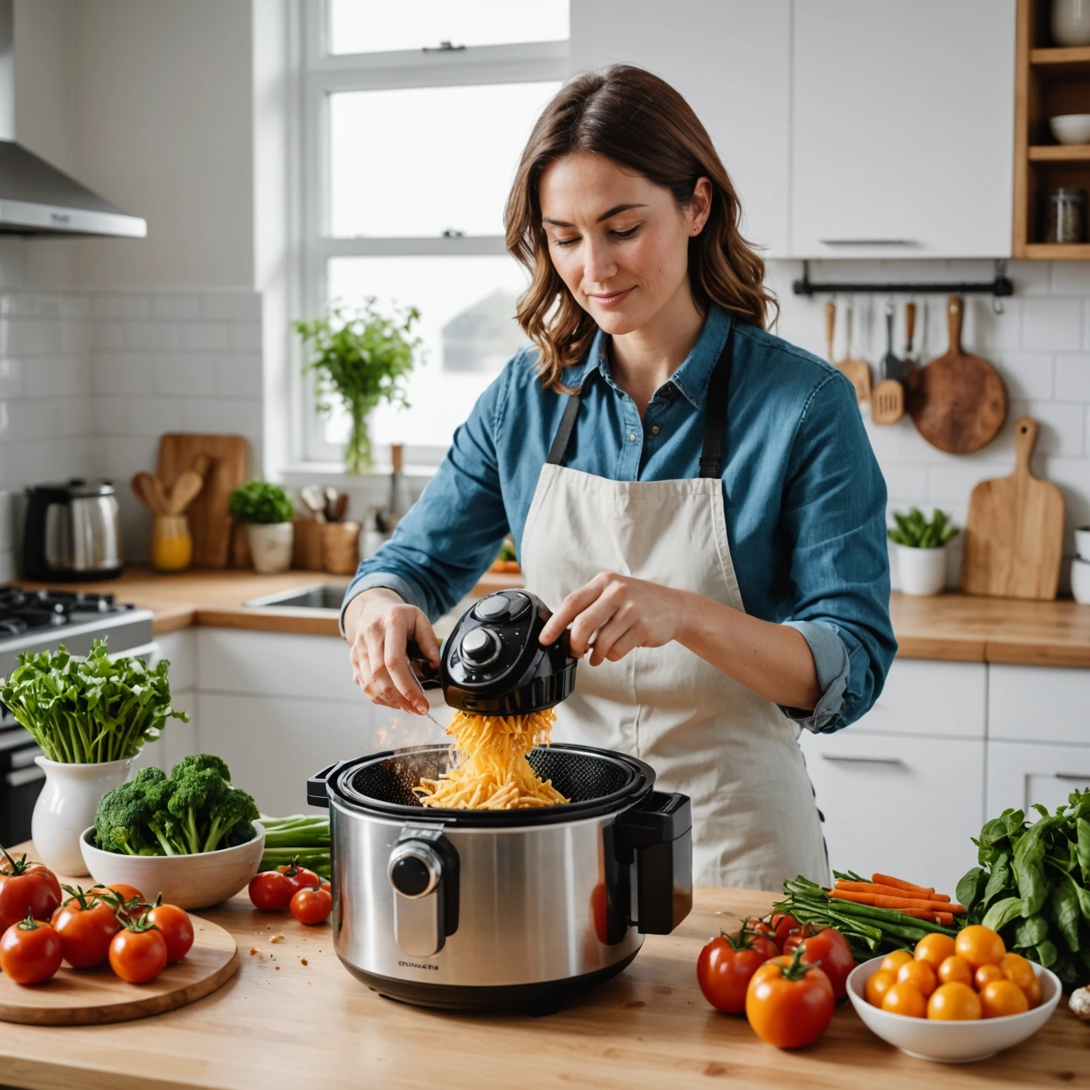 Home cook shaking an air fryer basket releasing steam surrounded by fresh ingredients, demonstrating even cooking and air circulation techniques.