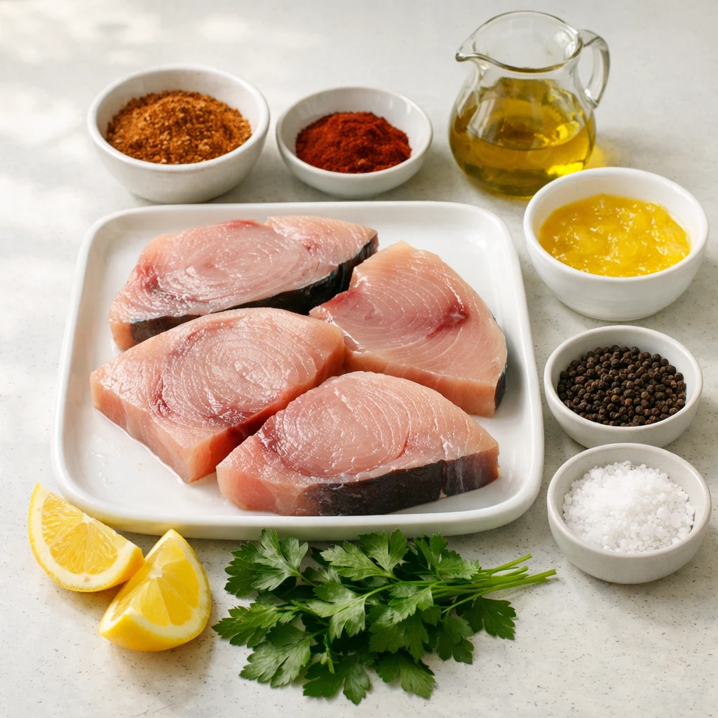 Ingredients for Air Fryer Ketogenic Spicy Cajun Grilled Swordfish Steaks arranged on a kitchen counter
