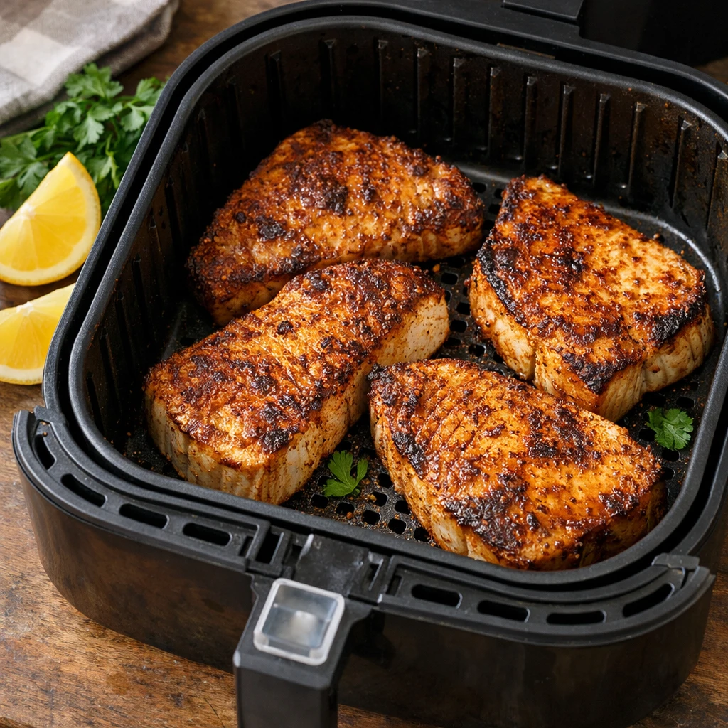 Cajun swordfish steaks cooking in an air fryer basket with lemon and herbs