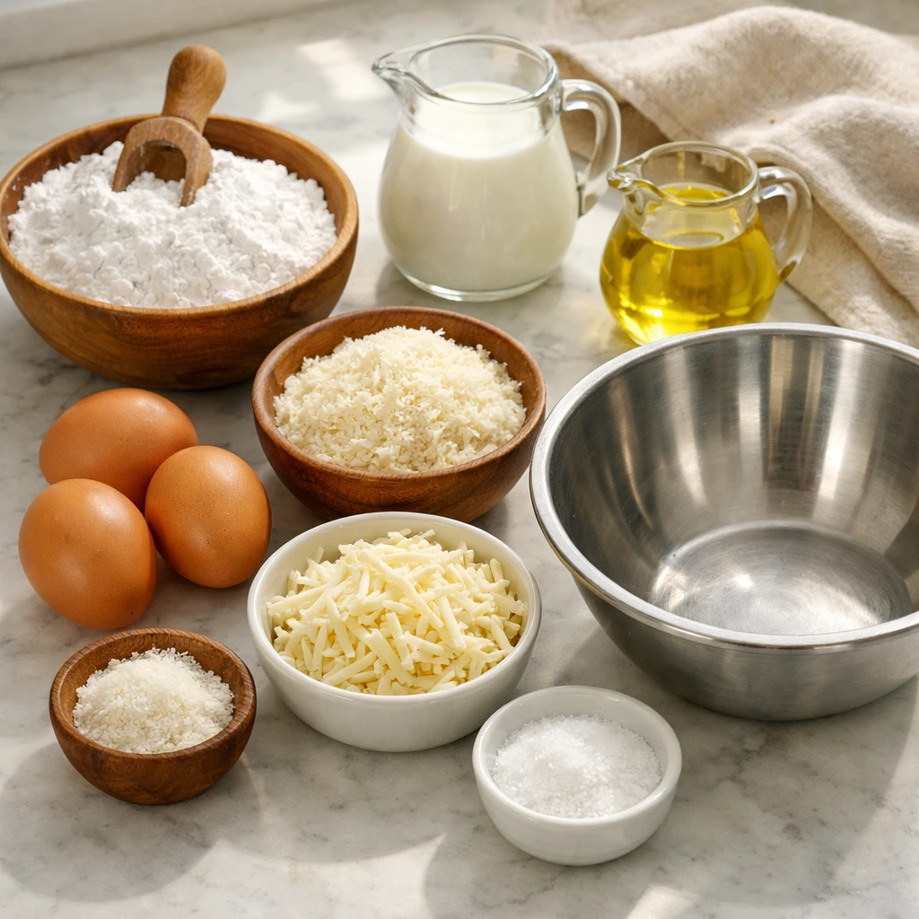 Ingredients for Air Fryer Brazilian Cheese Bread arranged on a kitchen counter