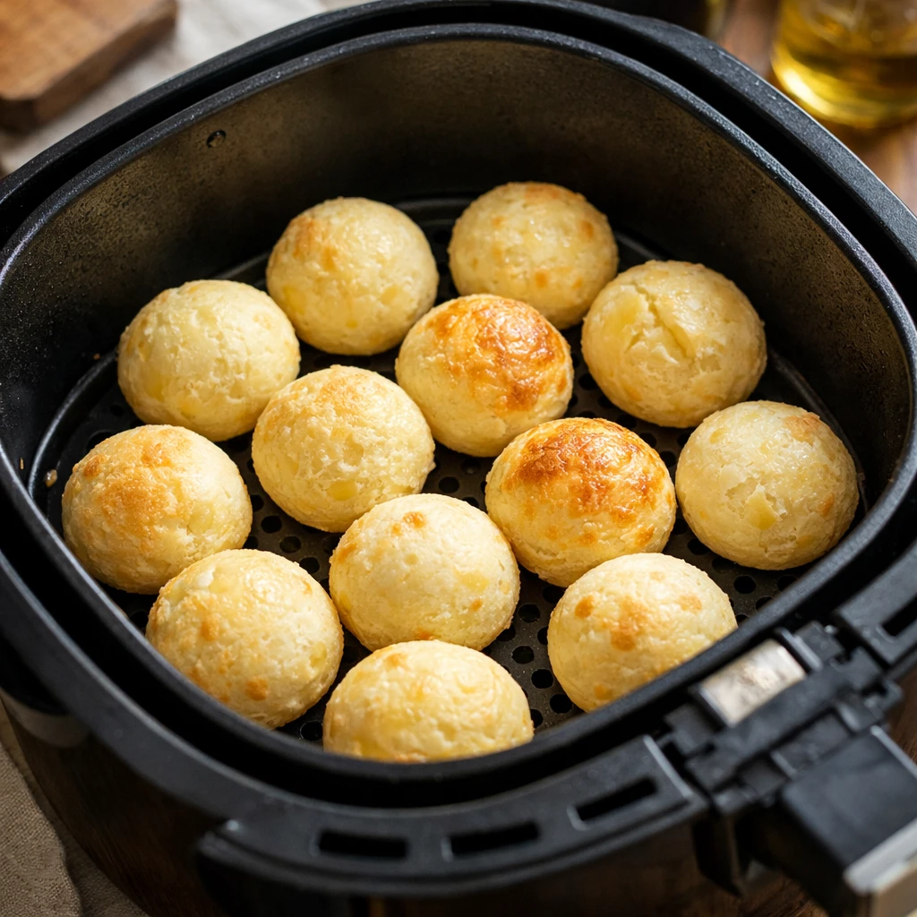 Brazilian cheese bread rolls cooking in an air fryer basket