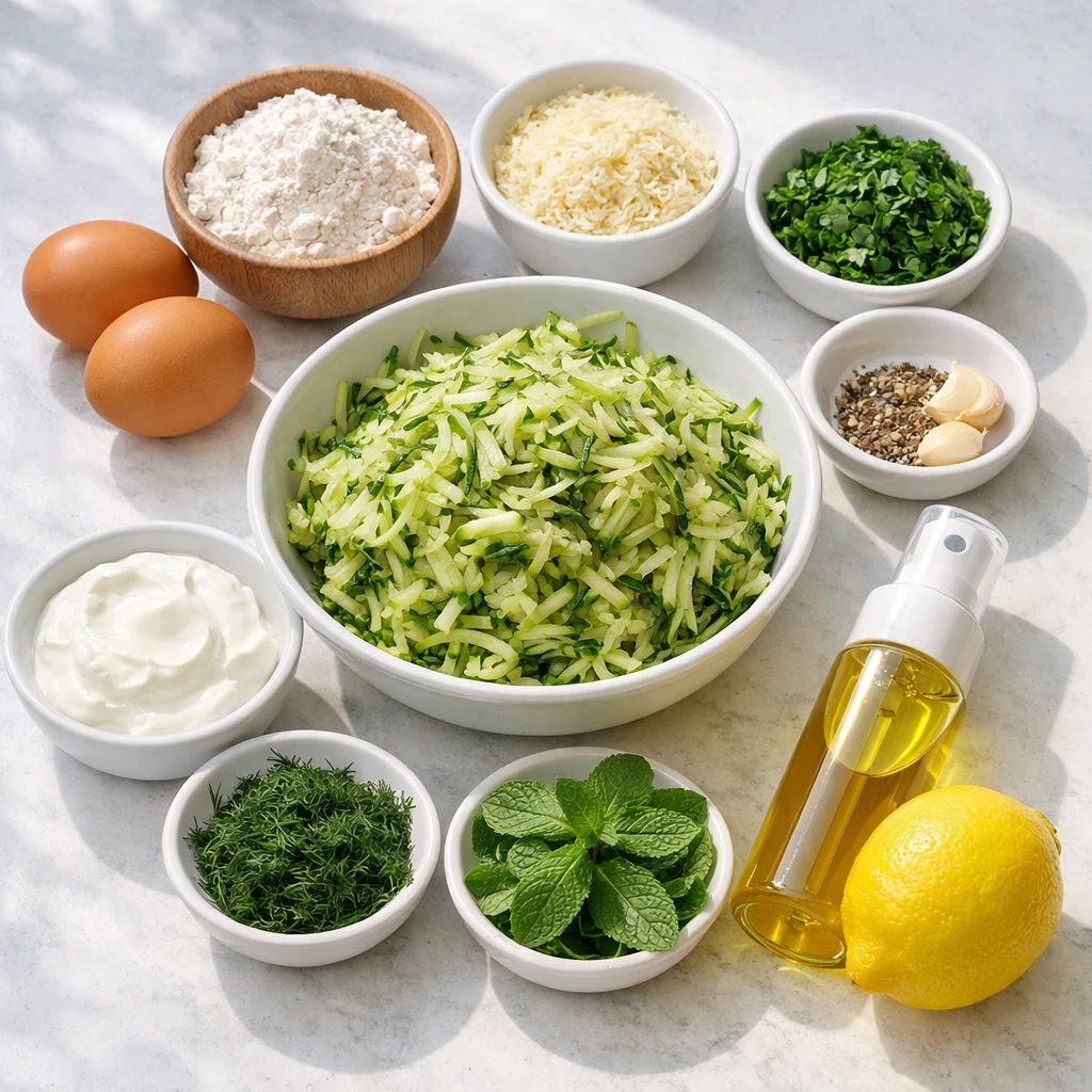 Ingredients for Air Fryer Crispy Zucchini Fritters arranged on a kitchen counter