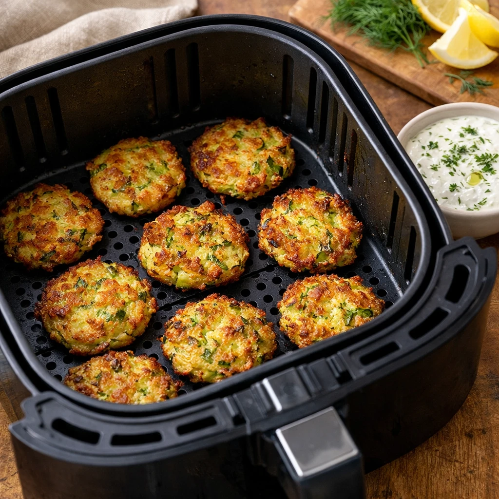 Zucchini fritter patties cooking in an air fryer basket