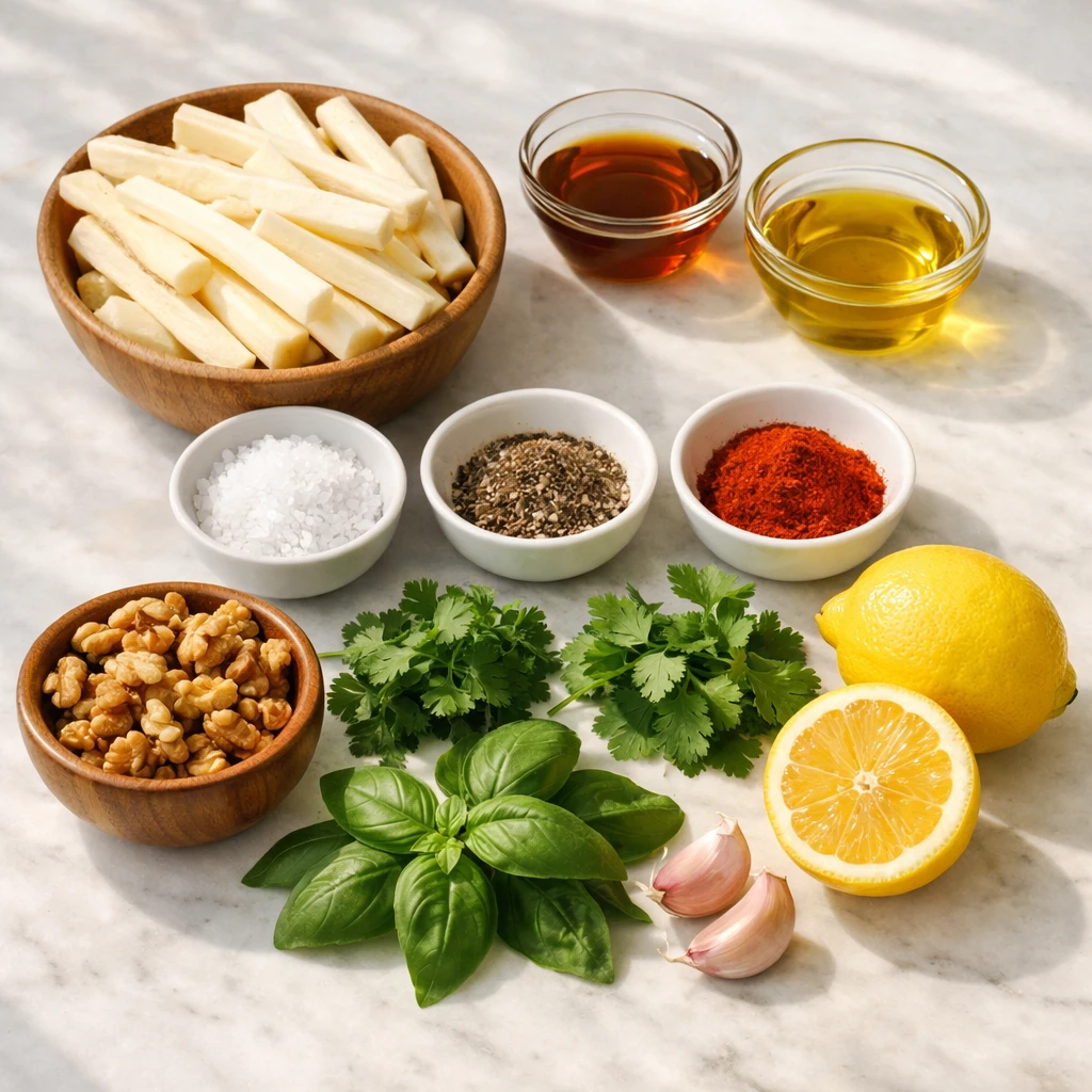 Ingredients for Air Fryer Maple-Glazed Roasted Parsnips with Herb Pesto arranged on a kitchen counter