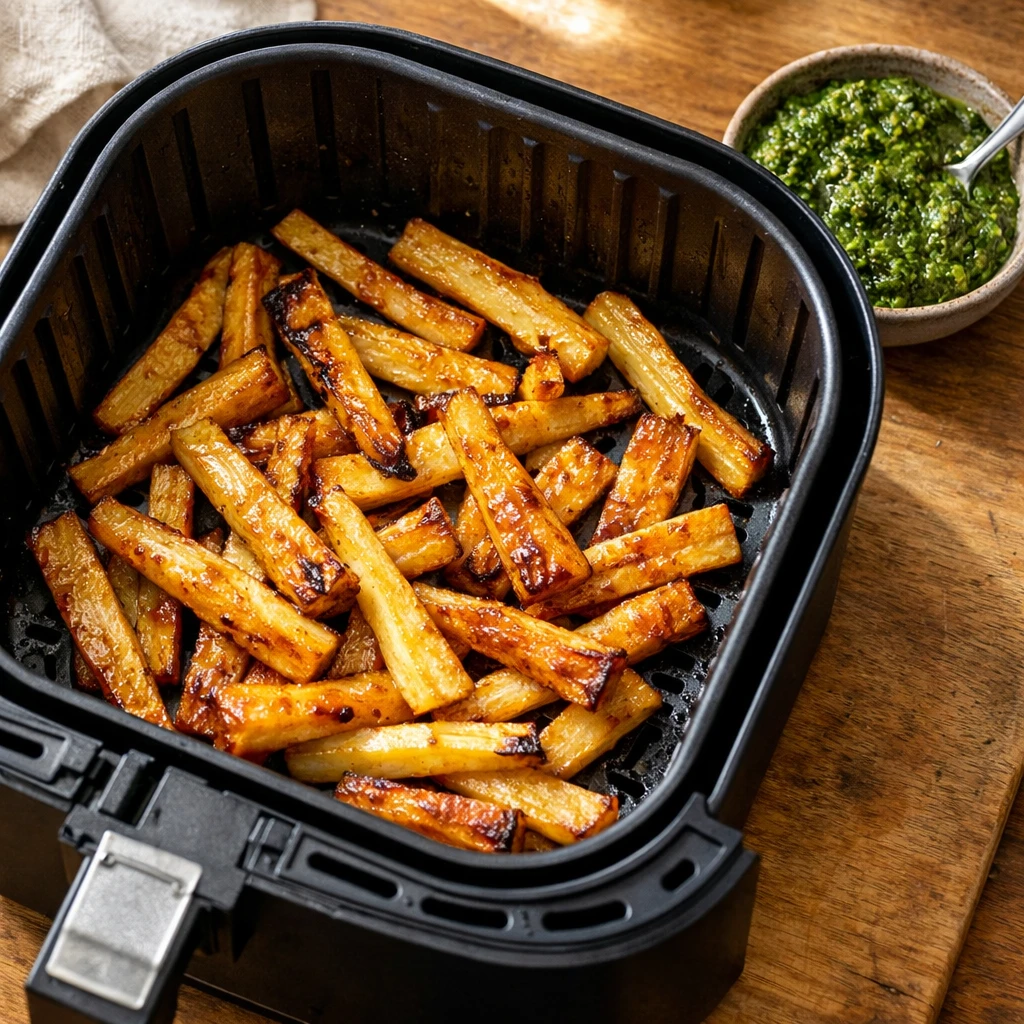 Maple-glazed parsnip sticks roasting in an air fryer basket