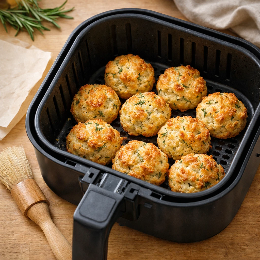 Rosemary almond flour biscuits cooking in an air fryer basket