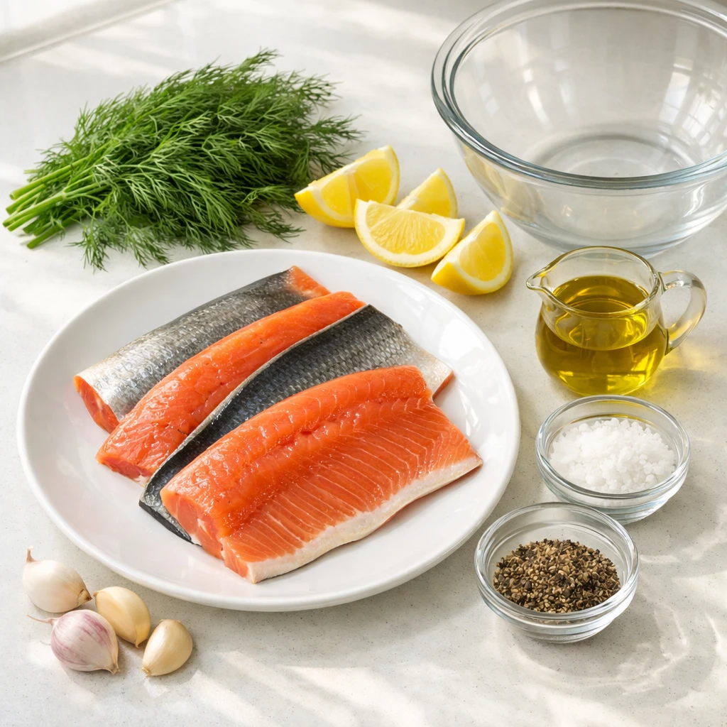 Ingredients for Air Fryer Crispy Lemon Dill Arctic Char Fillets arranged on a kitchen counter