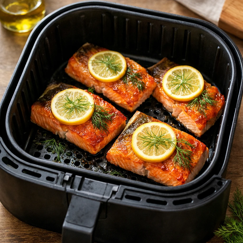 Lemon dill arctic char fillets cooking in an air fryer basket