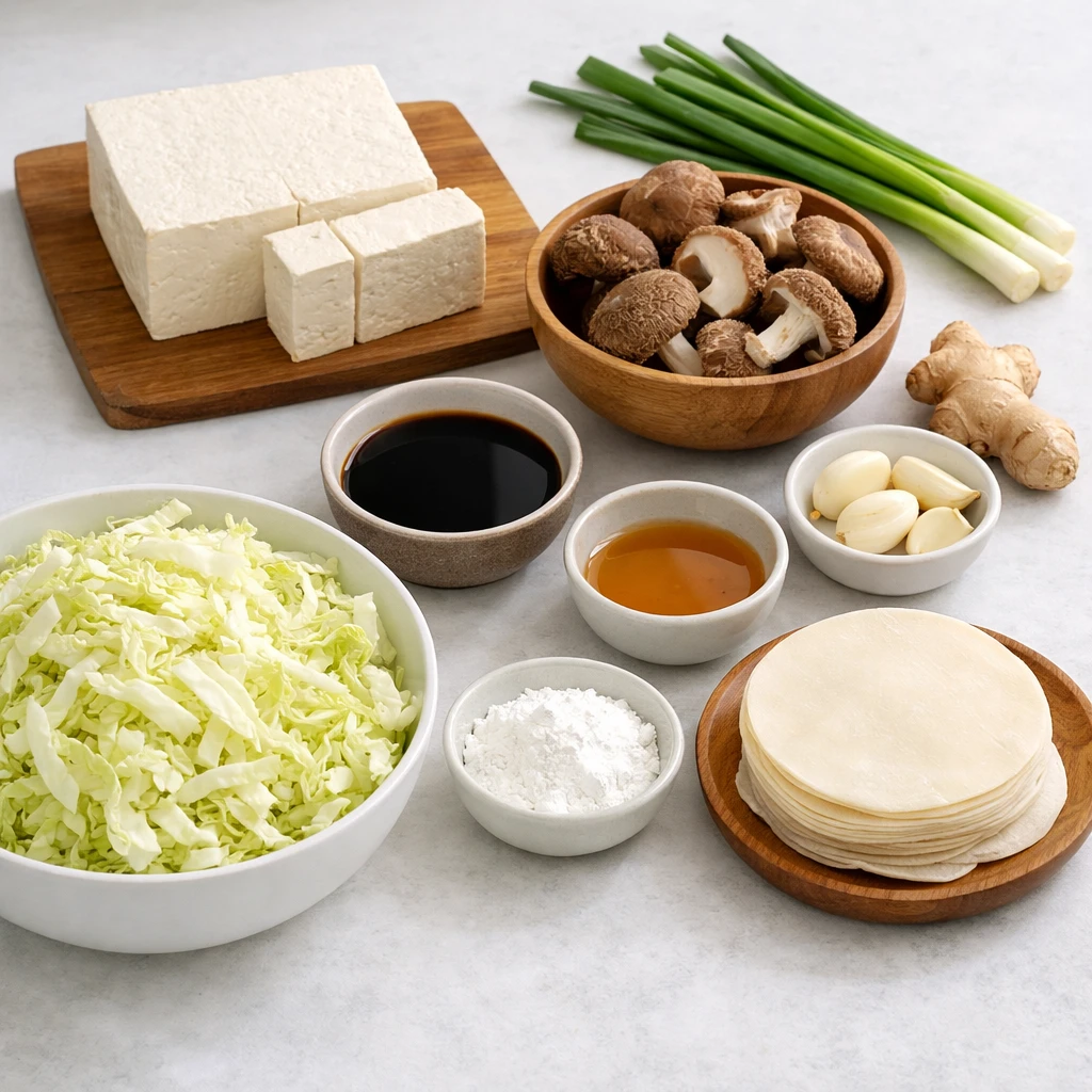 Ingredients for air fryer tofu and shiitake potsticker dumplings arranged on a kitchen counter