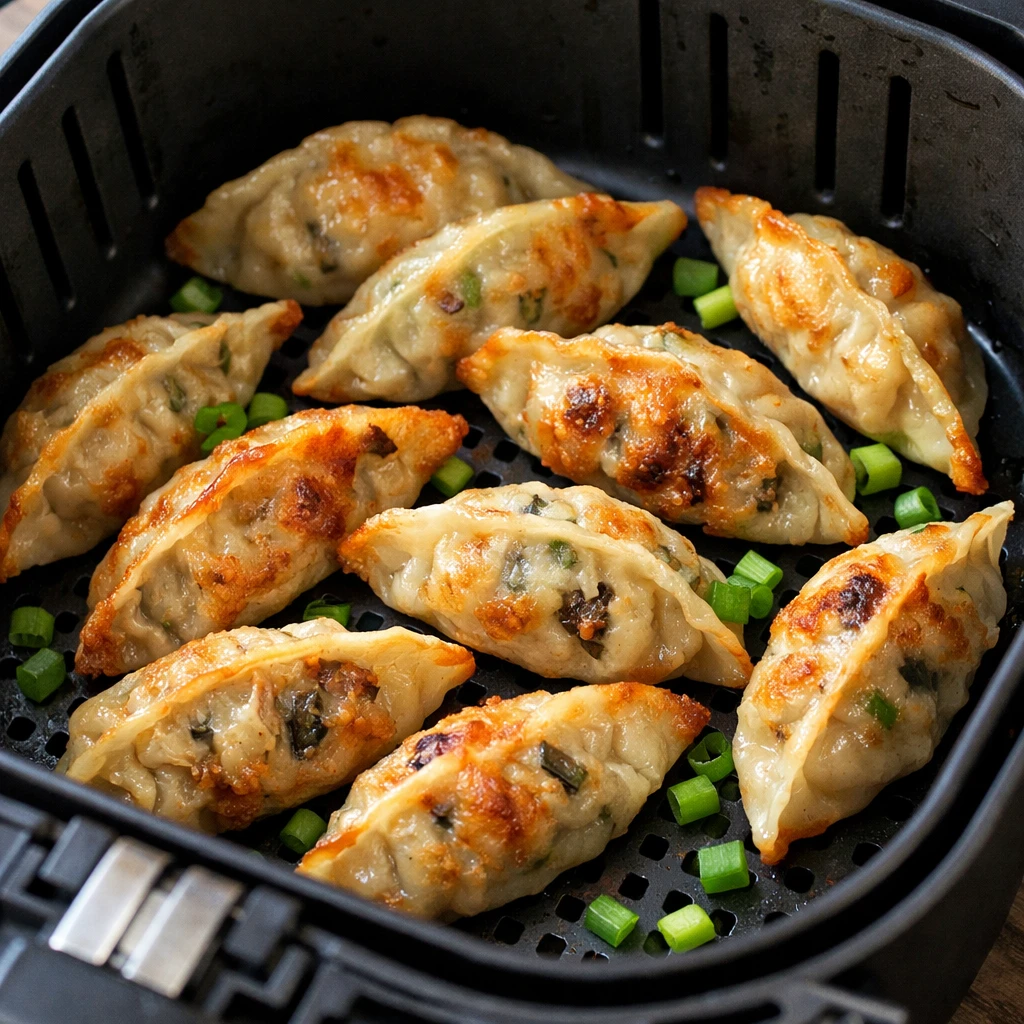 Tofu and shiitake potstickers crisping in an air fryer basket