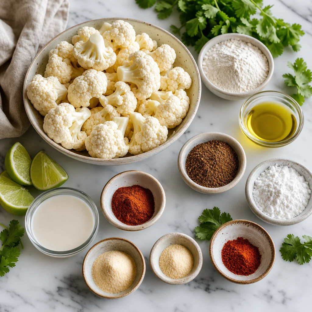 Ingredients for air fryer Caribbean jerk cauliflower wings arranged on a kitchen counter