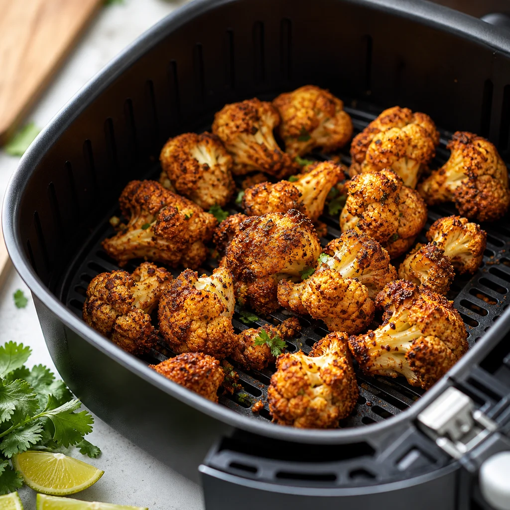 Jerk cauliflower wings crisping in an air fryer basket