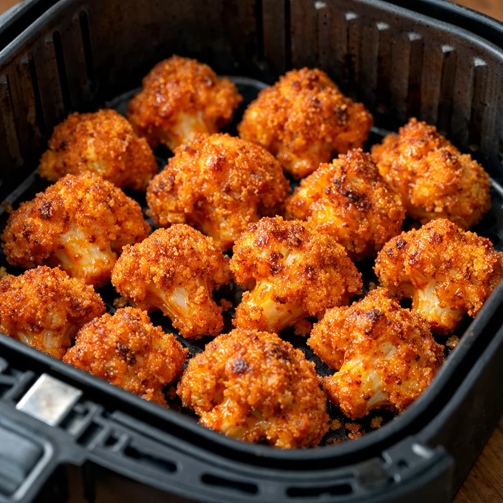 Air Fryer Crispy Buffalo Cauliflower Bites cooking in the air fryer