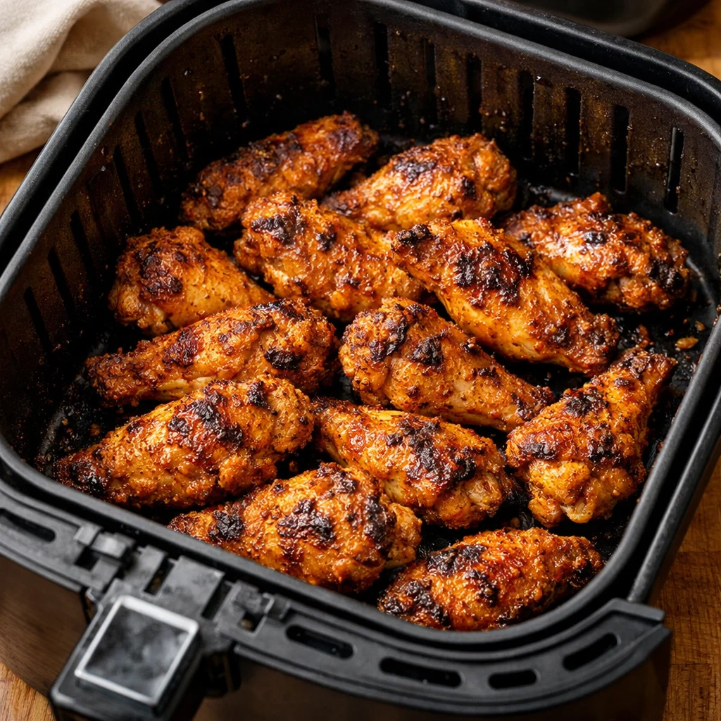 Air Fryer Crispy Tandoori Chicken Wings cooking in the air fryer